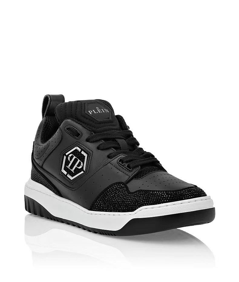 Philipp Plein Black Low-Top Sneakers | Sparkling Trim & Silver-Tone PP Emblem