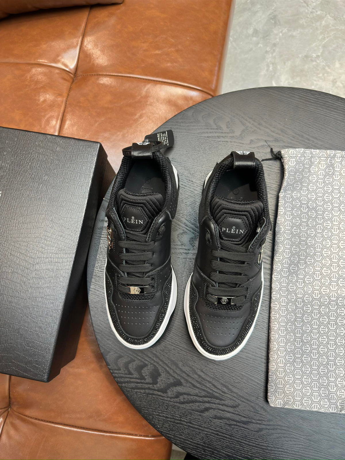Philipp Plein Black Low-Top Sneakers | Sparkling Trim & Silver-Tone PP Emblem
