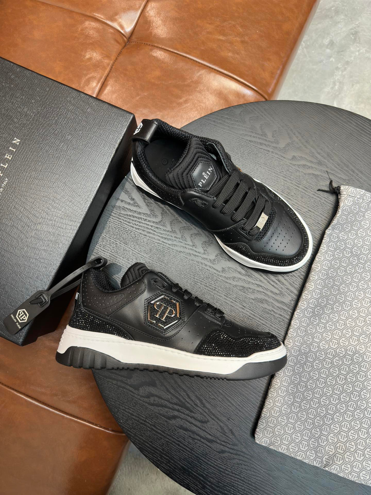 Philipp Plein Black Low-Top Sneakers | Sparkling Trim & Silver-Tone PP Emblem
