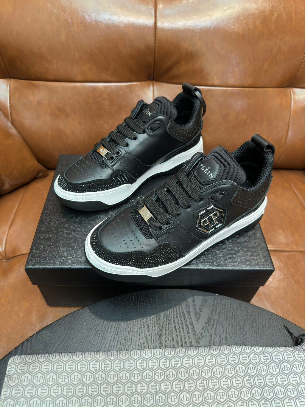 Philipp Plein Black Low-Top Sneakers | Sparkling Trim & Silver-Tone PP Emblem