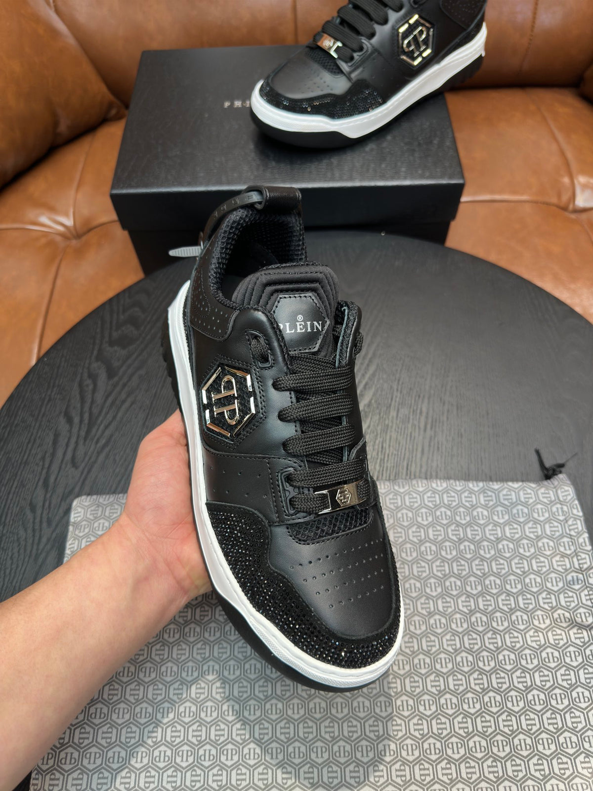 Philipp Plein Black Low-Top Sneakers | Sparkling Trim & Silver-Tone PP Emblem