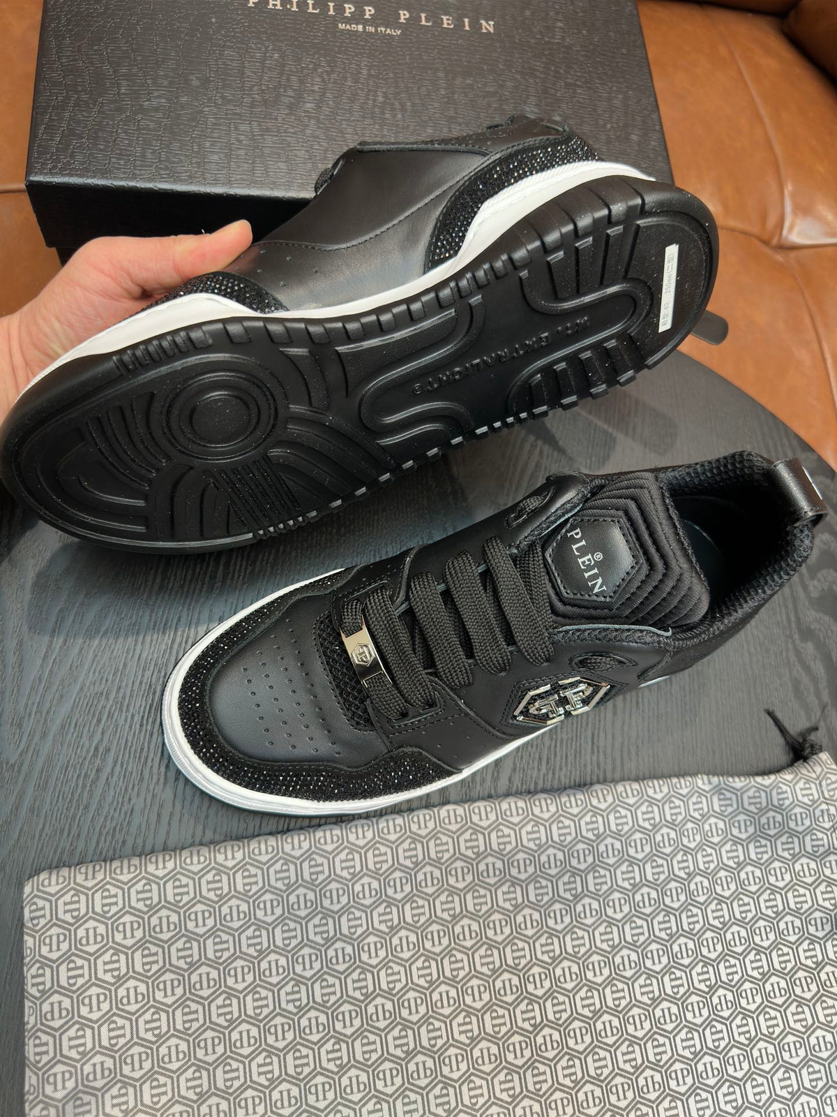 Philipp Plein Black Low-Top Sneakers | Sparkling Trim & Silver-Tone PP Emblem