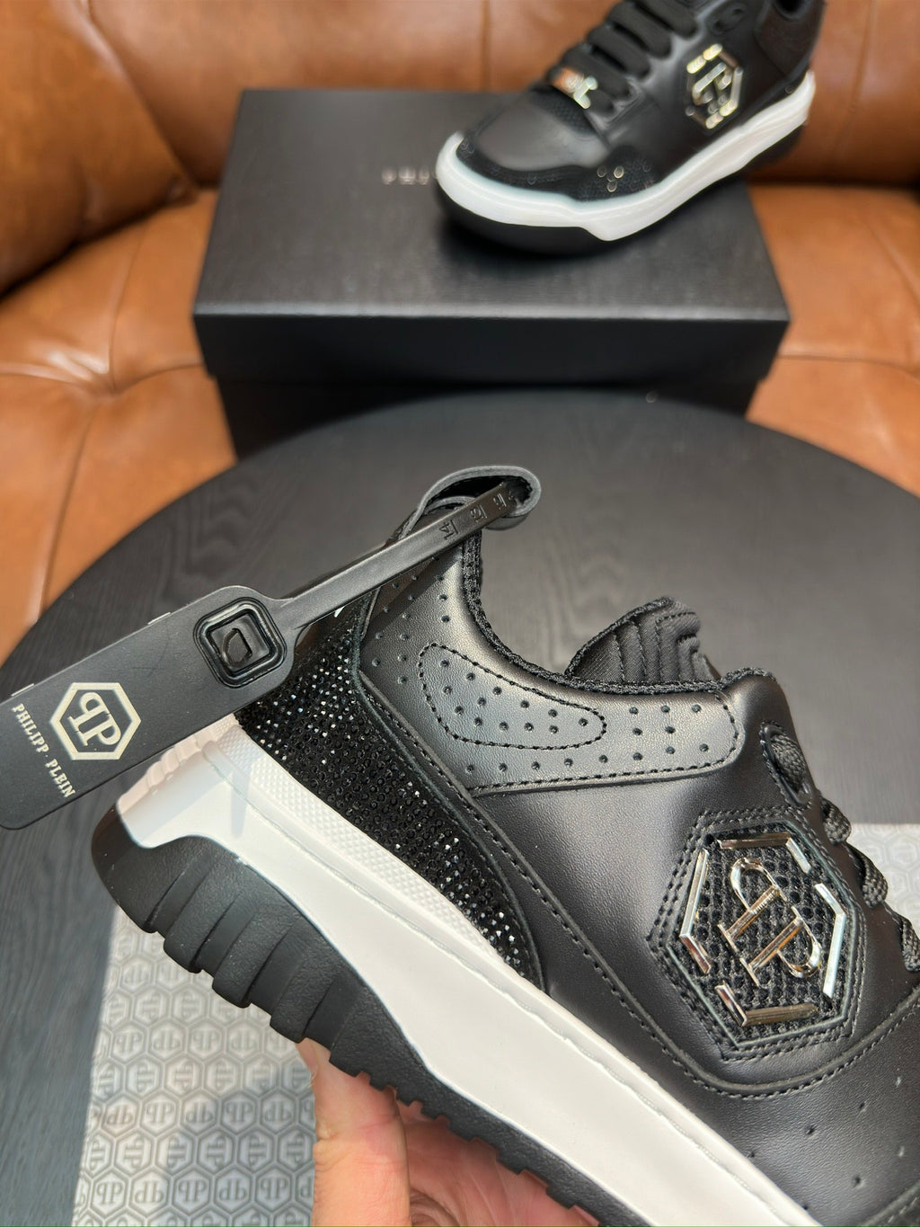 Philipp Plein Black Low-Top Sneakers | Sparkling Trim & Silver-Tone PP Emblem