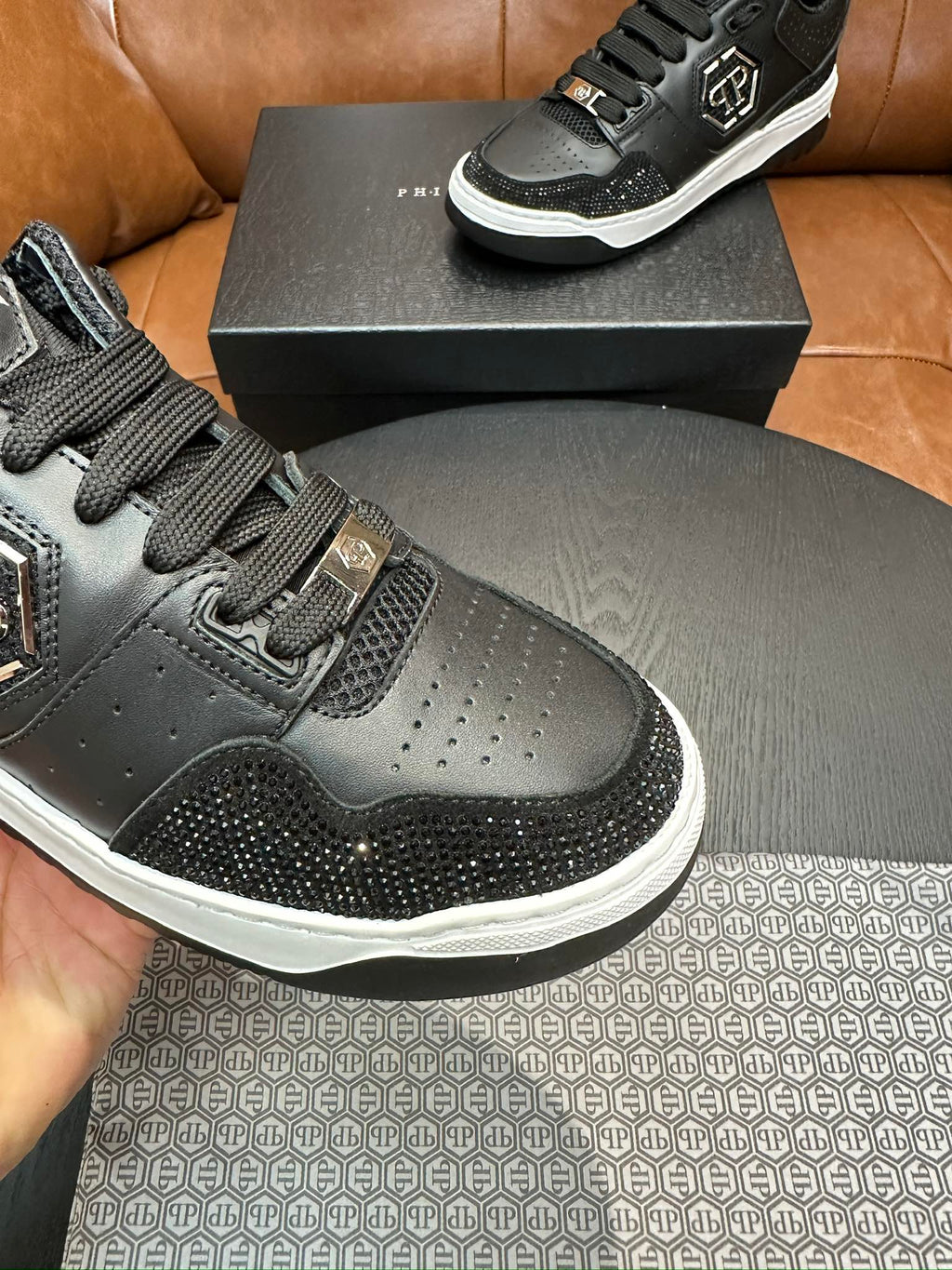 Philipp Plein Black Low-Top Sneakers | Sparkling Trim & Silver-Tone PP Emblem