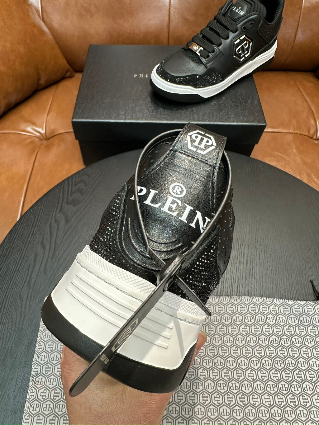Philipp Plein Black Low-Top Sneakers | Sparkling Trim & Silver-Tone PP Emblem