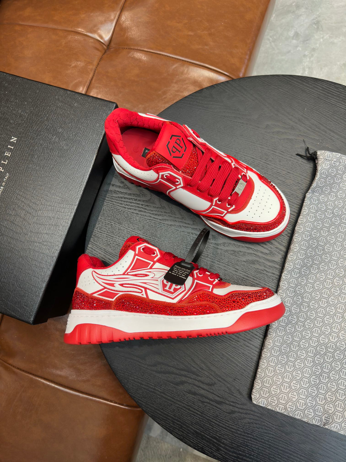 Philipp Plein Moon Walker Red & White Low-Top Sneakers | Sparkling Statement Style