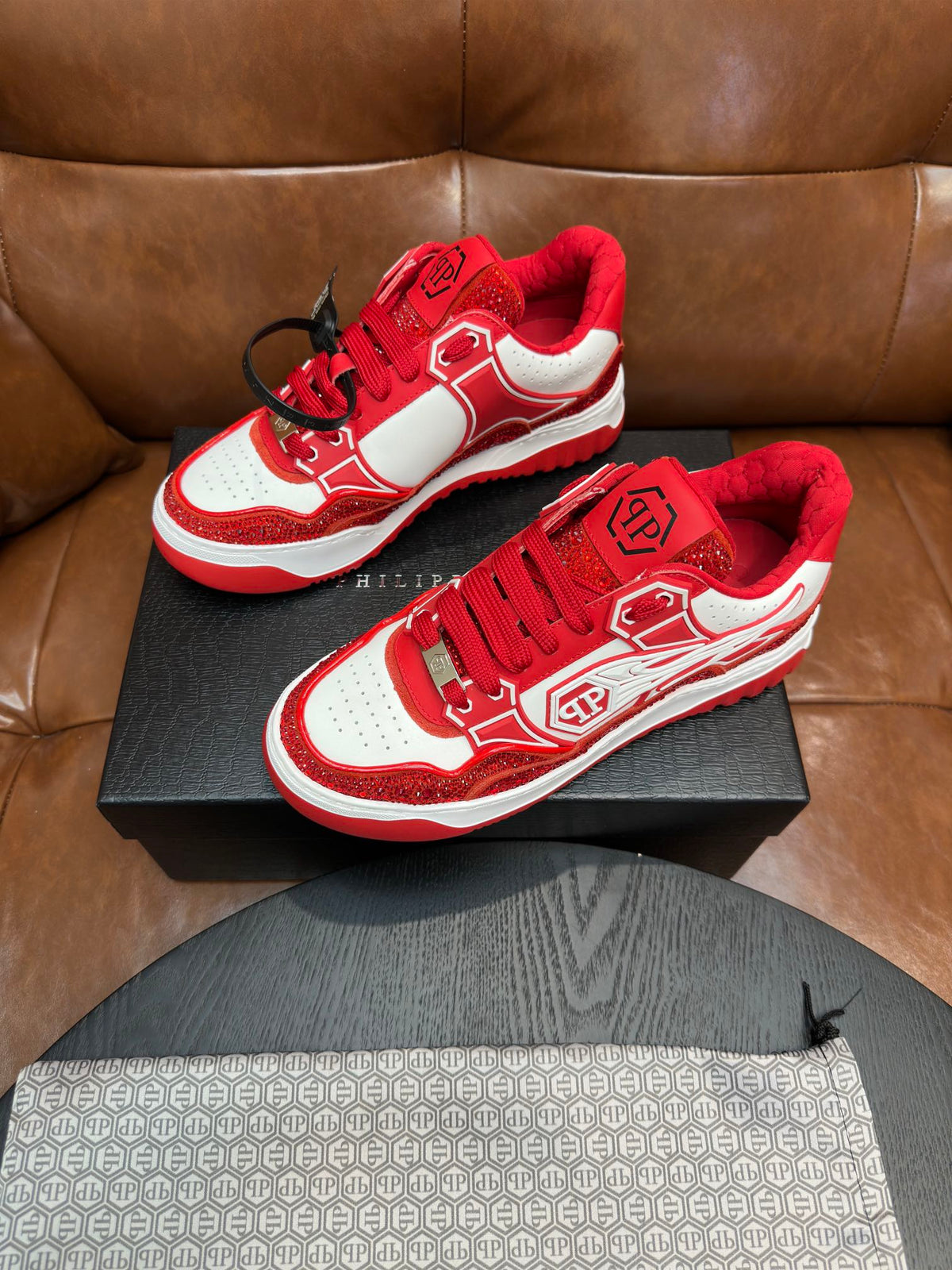 Philipp Plein Moon Walker Red & White Low-Top Sneakers | Sparkling Statement Style