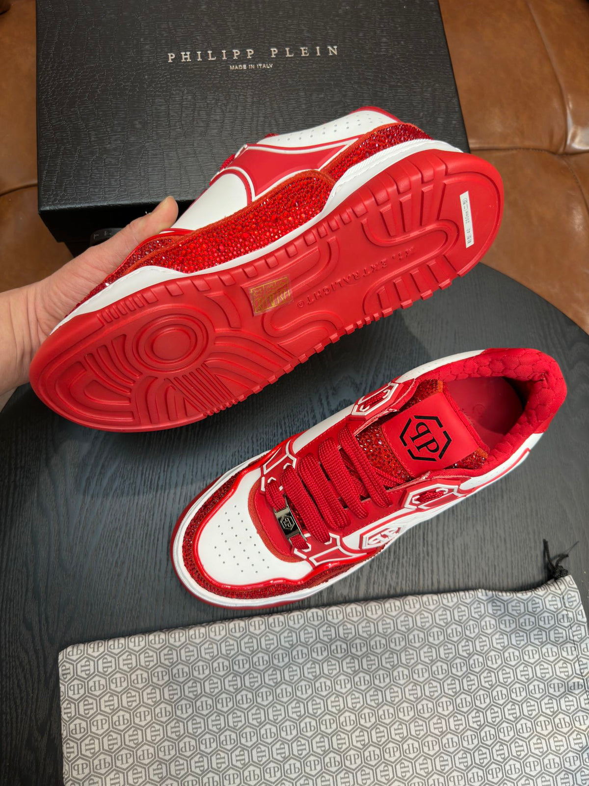 Philipp Plein Moon Walker Red & White Low-Top Sneakers | Sparkling Statement Style