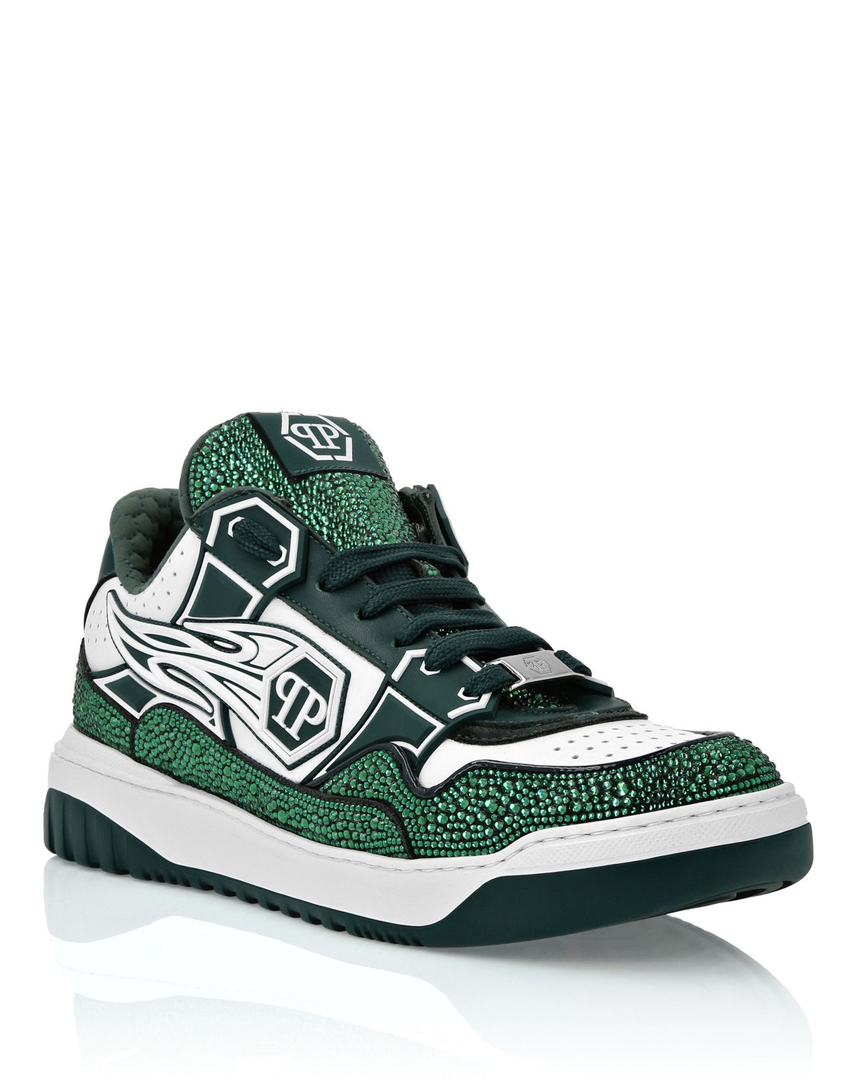 Philipp Plein Moon Walker Green & White Low-Top Sneakers | Sparkling Retro Street Style