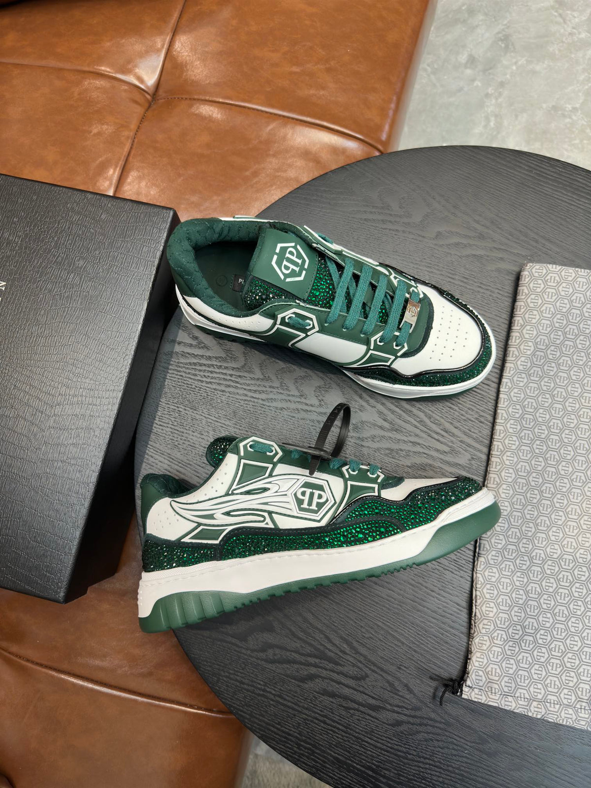 Philipp Plein Moon Walker Green & White Low-Top Sneakers | Sparkling Retro Street Style
