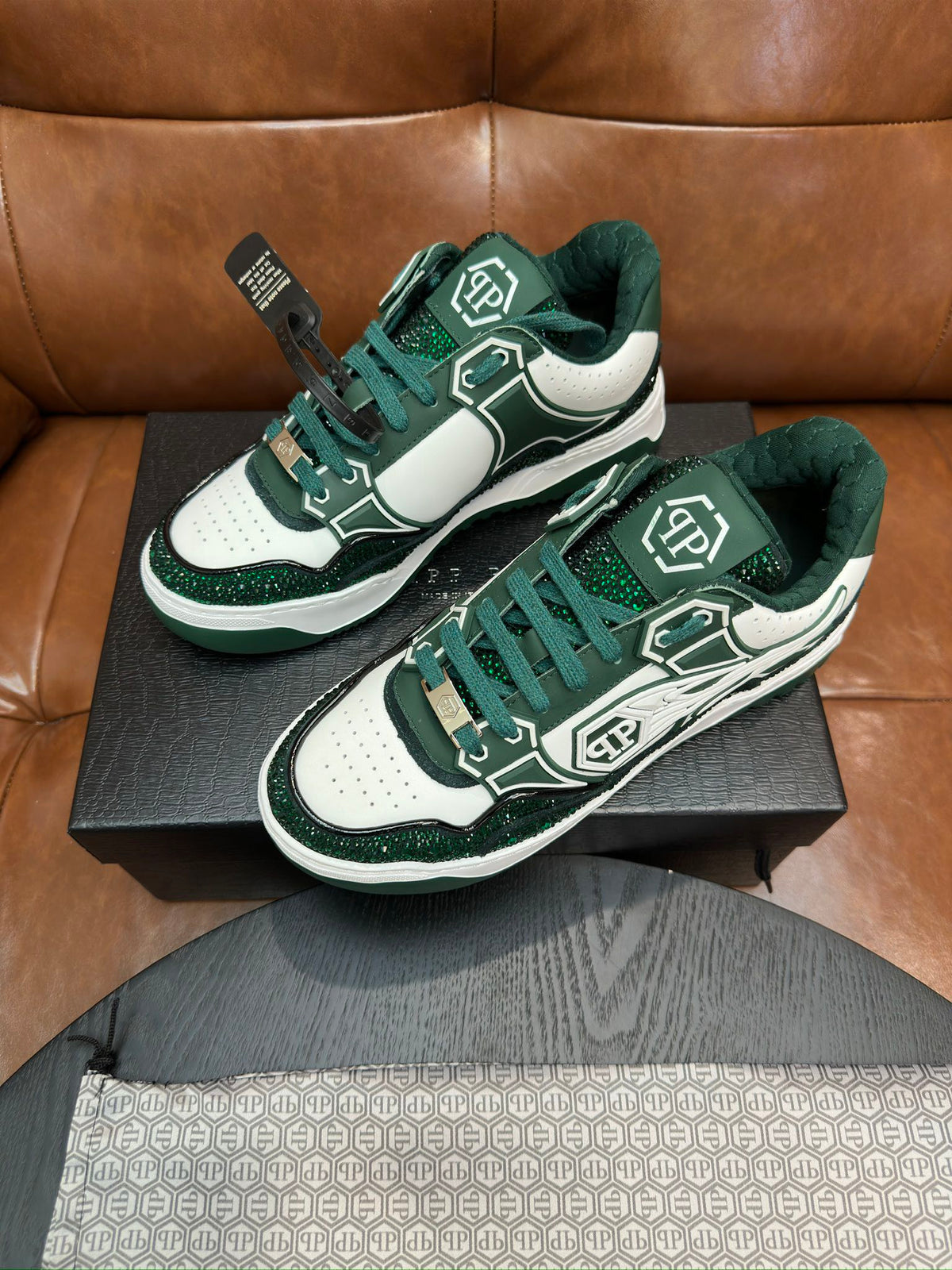 Philipp Plein Moon Walker Green & White Low-Top Sneakers | Sparkling Retro Street Style