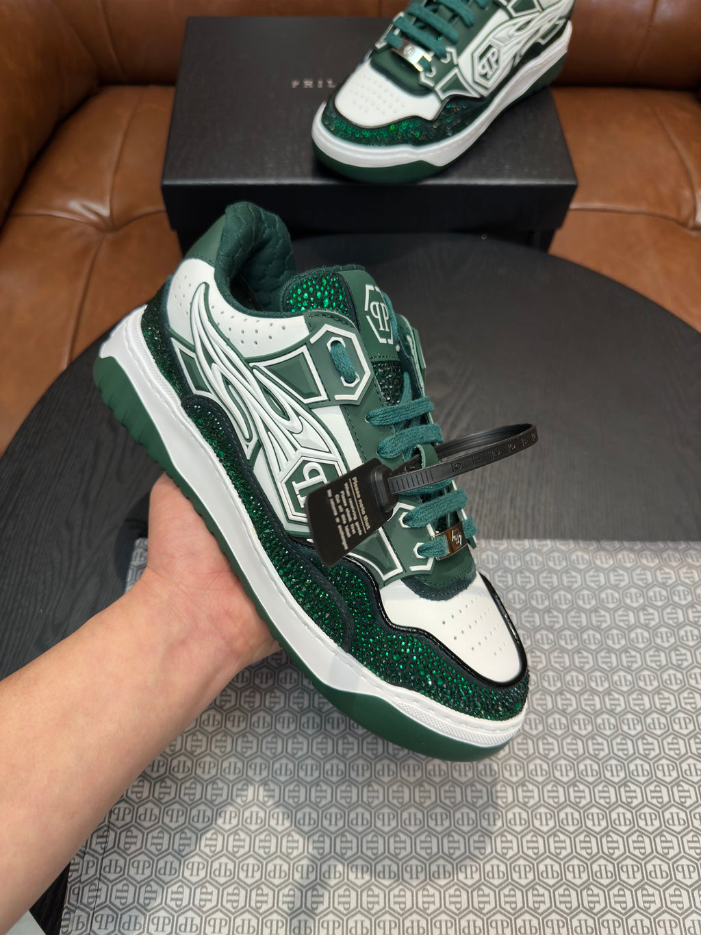 Philipp Plein Moon Walker Green & White Low-Top Sneakers | Sparkling Retro Street Style