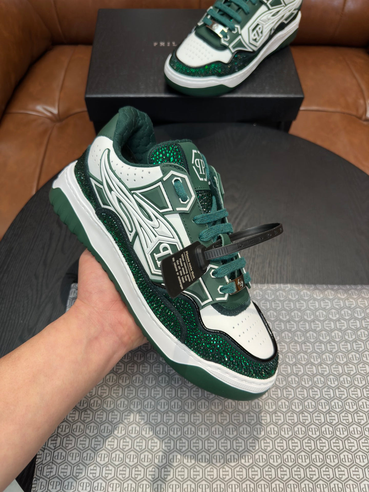 Philipp Plein Moon Walker Green & White Low-Top Sneakers | Sparkling Retro Street Style