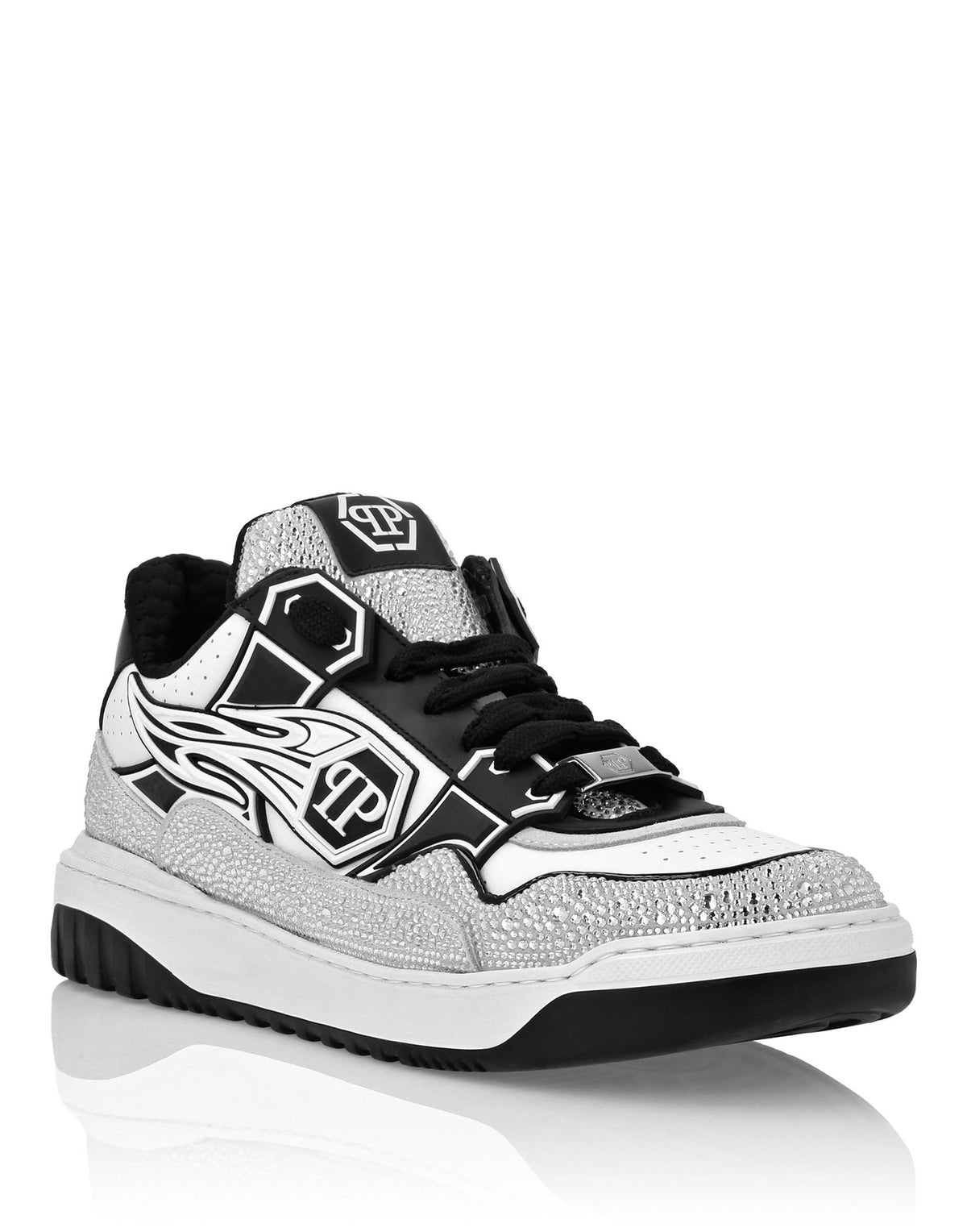 Philipp Plein Moon Walker Embellished Low-Top Sneakers | Black, White & Silver Spotlight Style