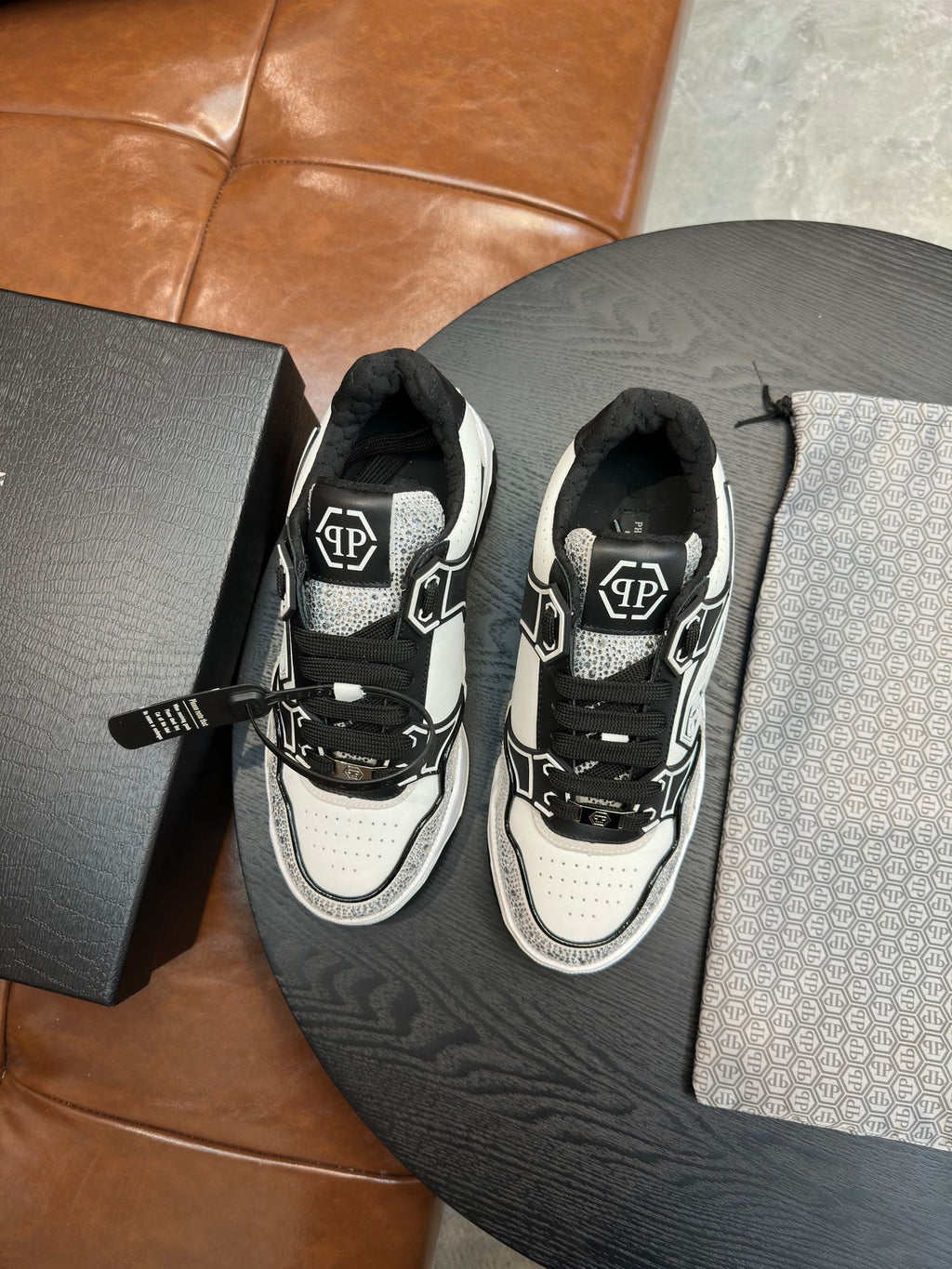 Philipp Plein Moon Walker Embellished Low-Top Sneakers | Black, White & Silver Spotlight Style