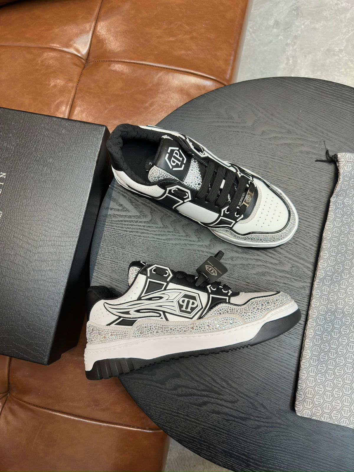 Philipp Plein Moon Walker Embellished Low-Top Sneakers | Black, White & Silver Spotlight Style