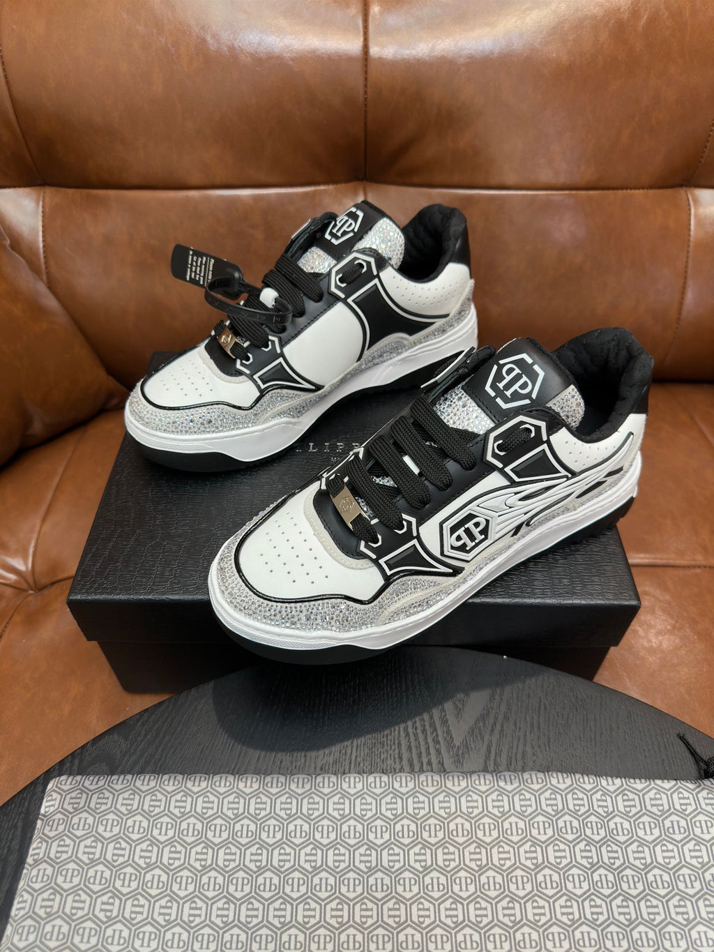 Philipp Plein Moon Walker Embellished Low-Top Sneakers | Black, White & Silver Spotlight Style