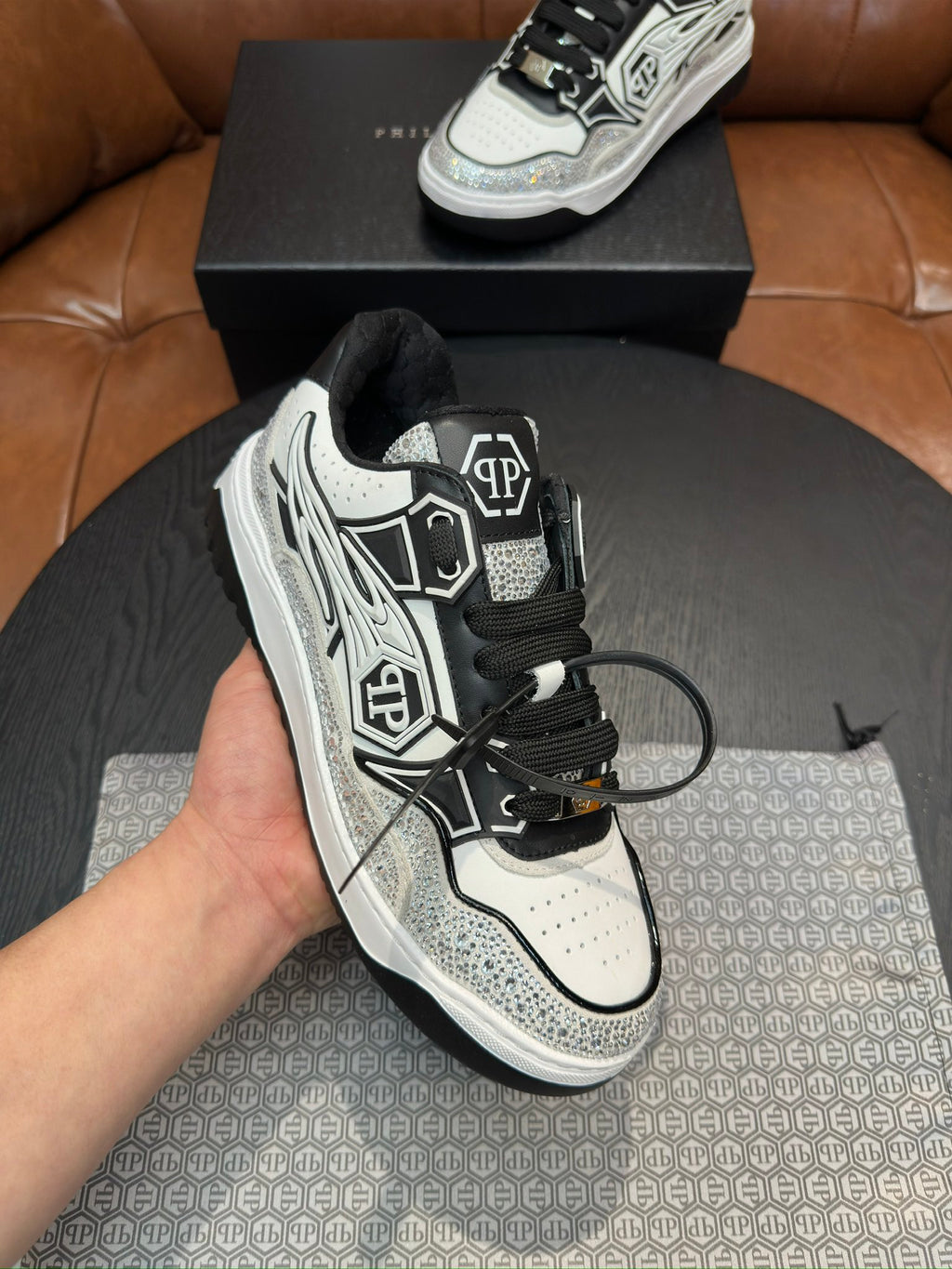 Philipp Plein Moon Walker Embellished Low-Top Sneakers | Black, White & Silver Spotlight Style