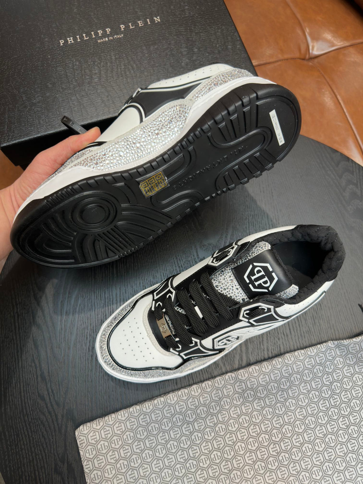 Philipp Plein Moon Walker Embellished Low-Top Sneakers | Black, White & Silver Spotlight Style
