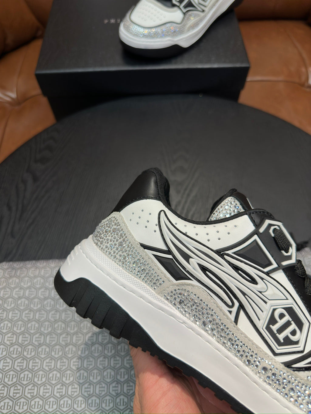 Philipp Plein Moon Walker Embellished Low-Top Sneakers | Black, White & Silver Spotlight Style