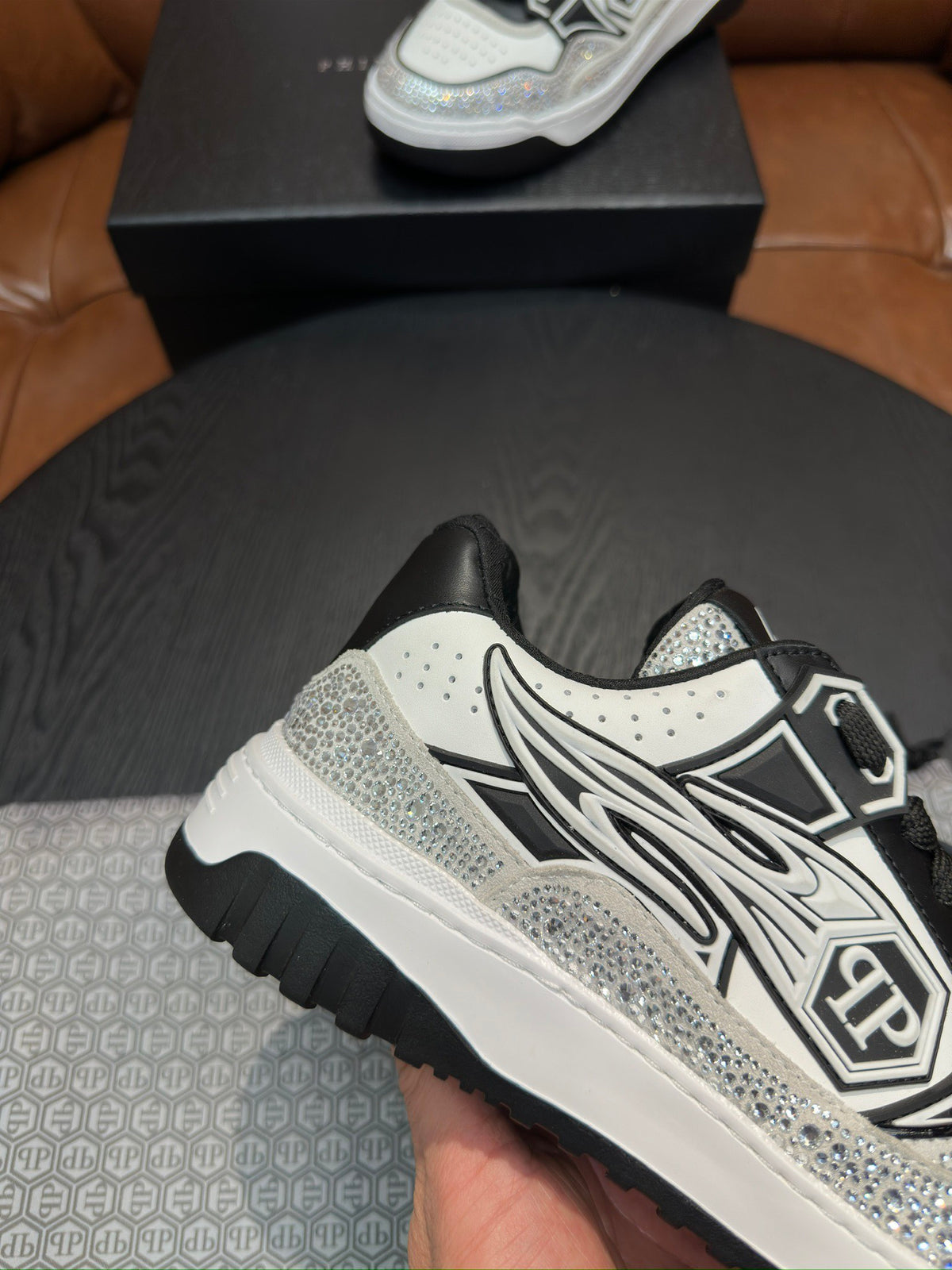 Philipp Plein Moon Walker Embellished Low-Top Sneakers | Black, White & Silver Spotlight Style
