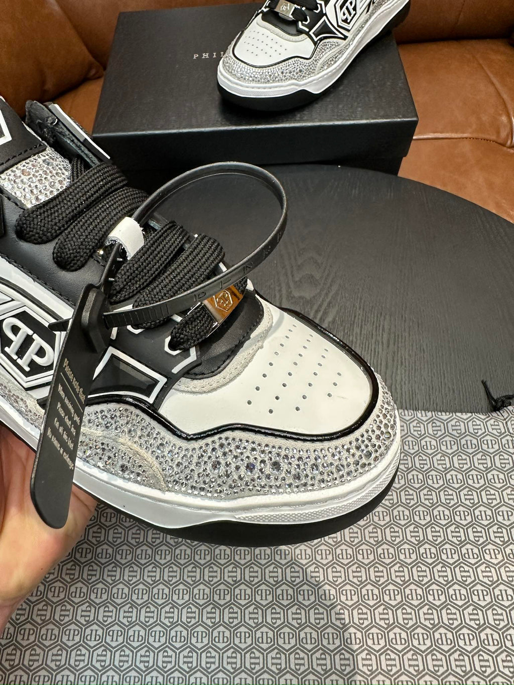 Philipp Plein Moon Walker Embellished Low-Top Sneakers | Black, White & Silver Spotlight Style