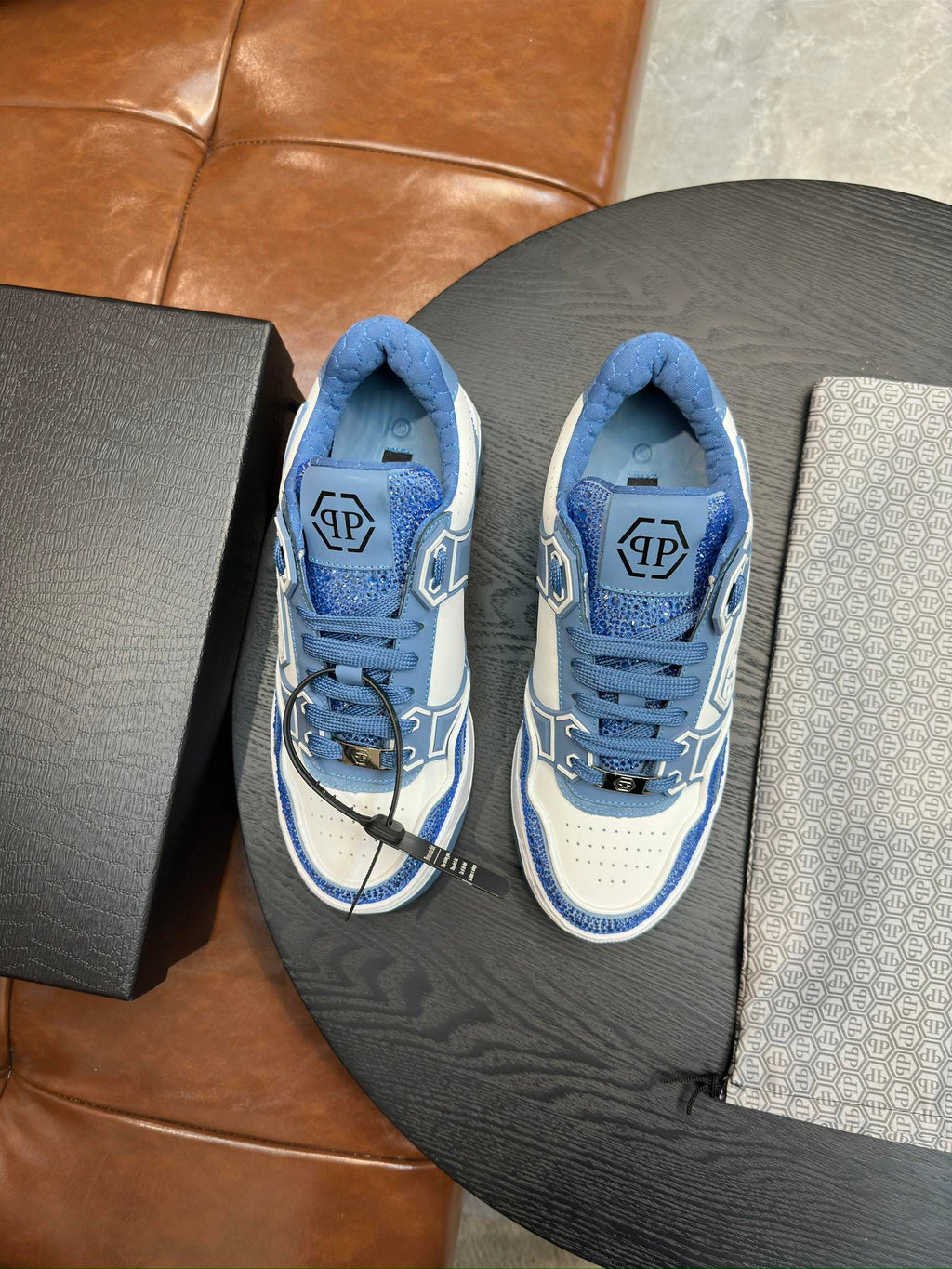 Philipp Plein Moon Walker Ice Blue Embellished Low-Top Sneakers | Cool-Toned Street Style