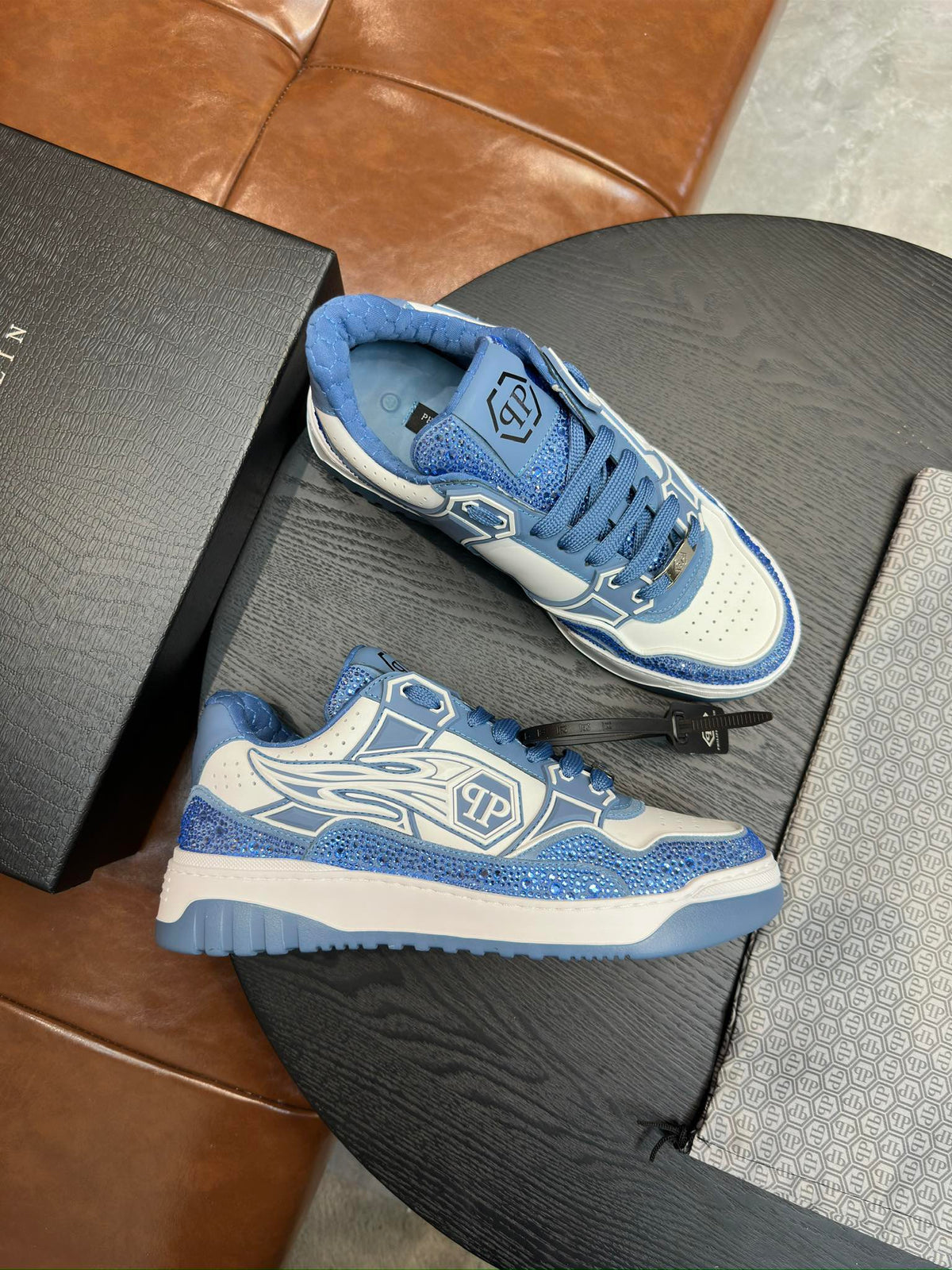 Philipp Plein Moon Walker Ice Blue Embellished Low-Top Sneakers | Cool-Toned Street Style