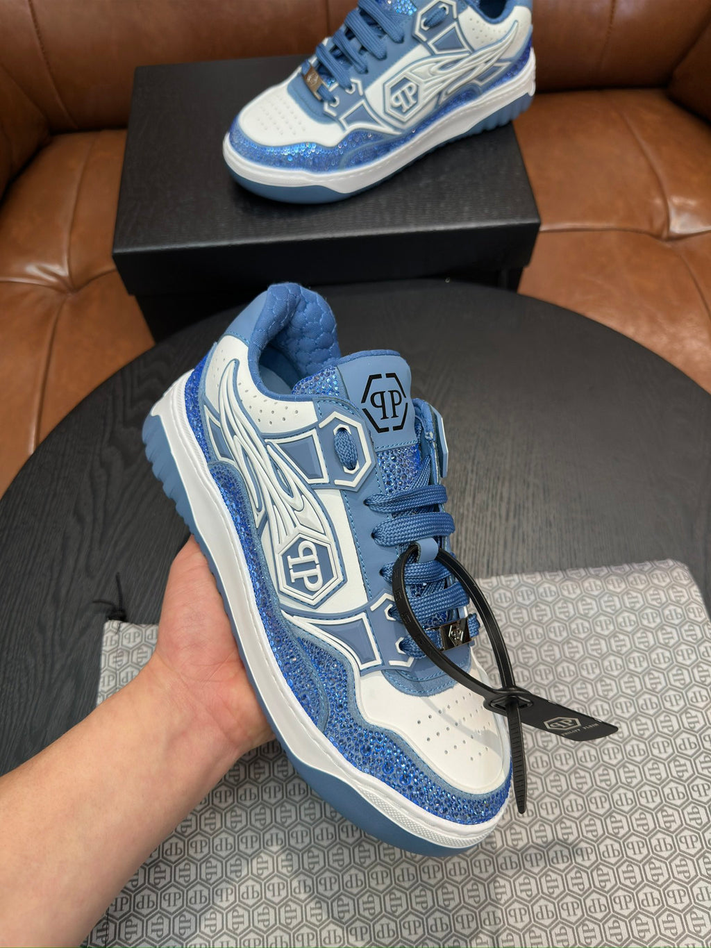 Philipp Plein Moon Walker Ice Blue Embellished Low-Top Sneakers | Cool-Toned Street Style