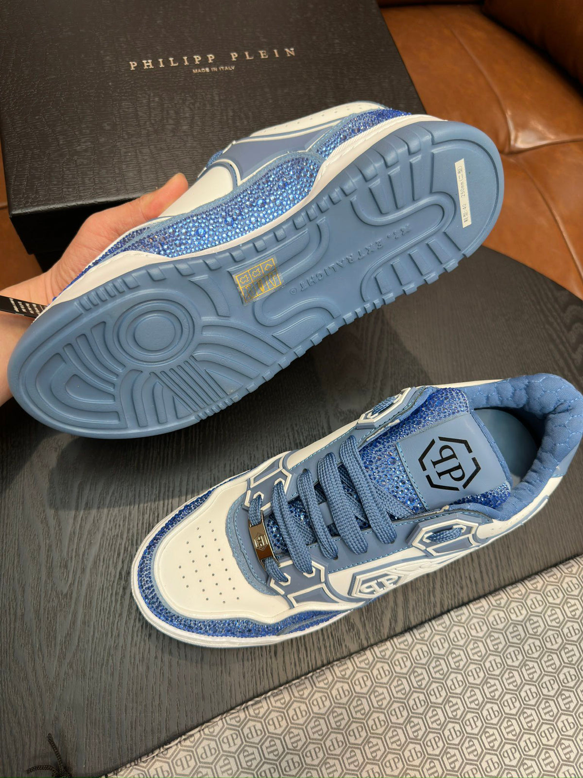 Philipp Plein Moon Walker Ice Blue Embellished Low-Top Sneakers | Cool-Toned Street Style