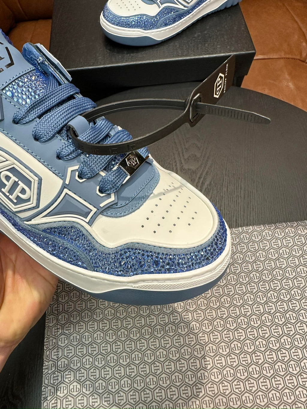Philipp Plein Moon Walker Ice Blue Embellished Low-Top Sneakers | Cool-Toned Street Style