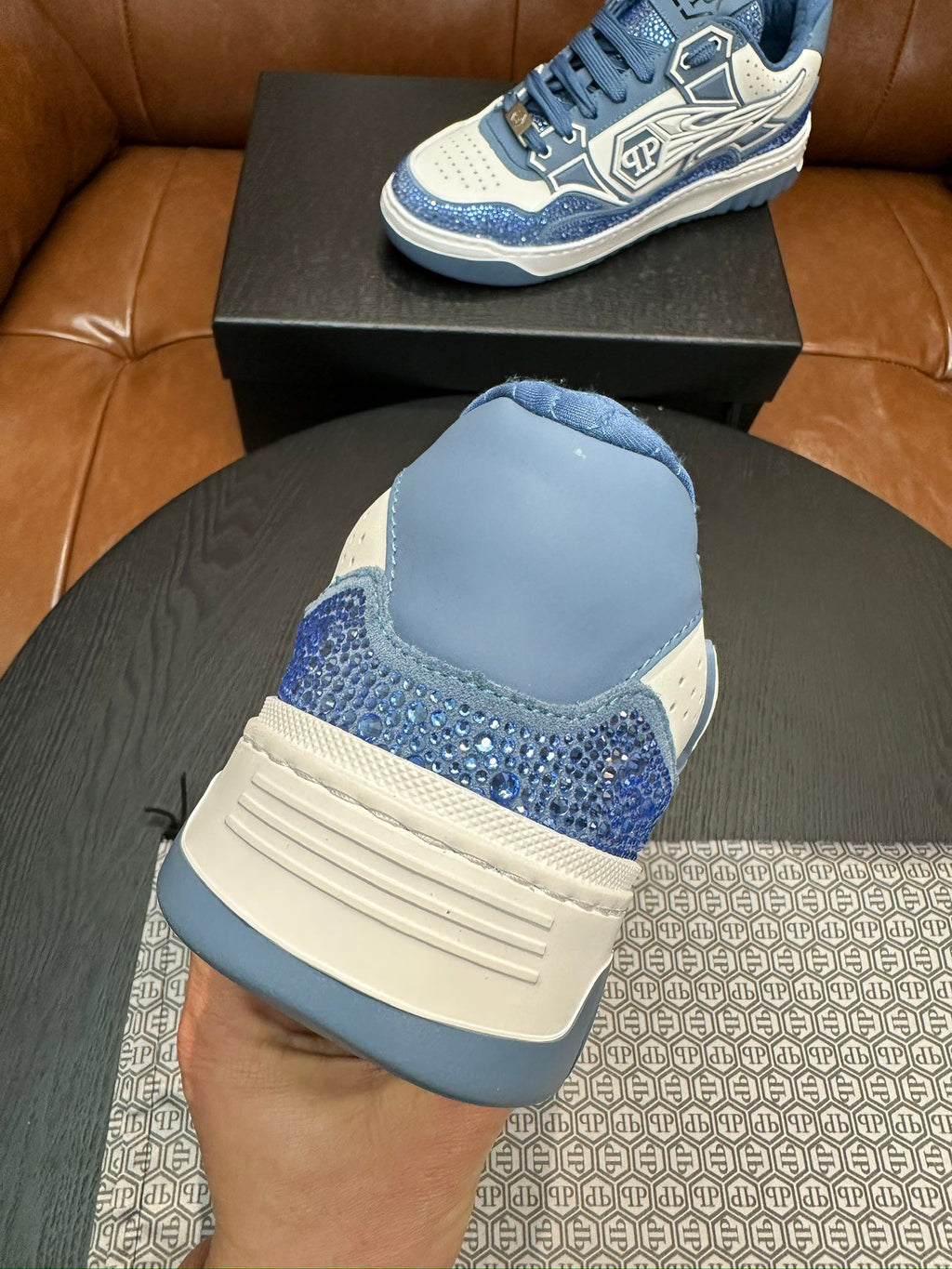 Philipp Plein Moon Walker Ice Blue Embellished Low-Top Sneakers | Cool-Toned Street Style