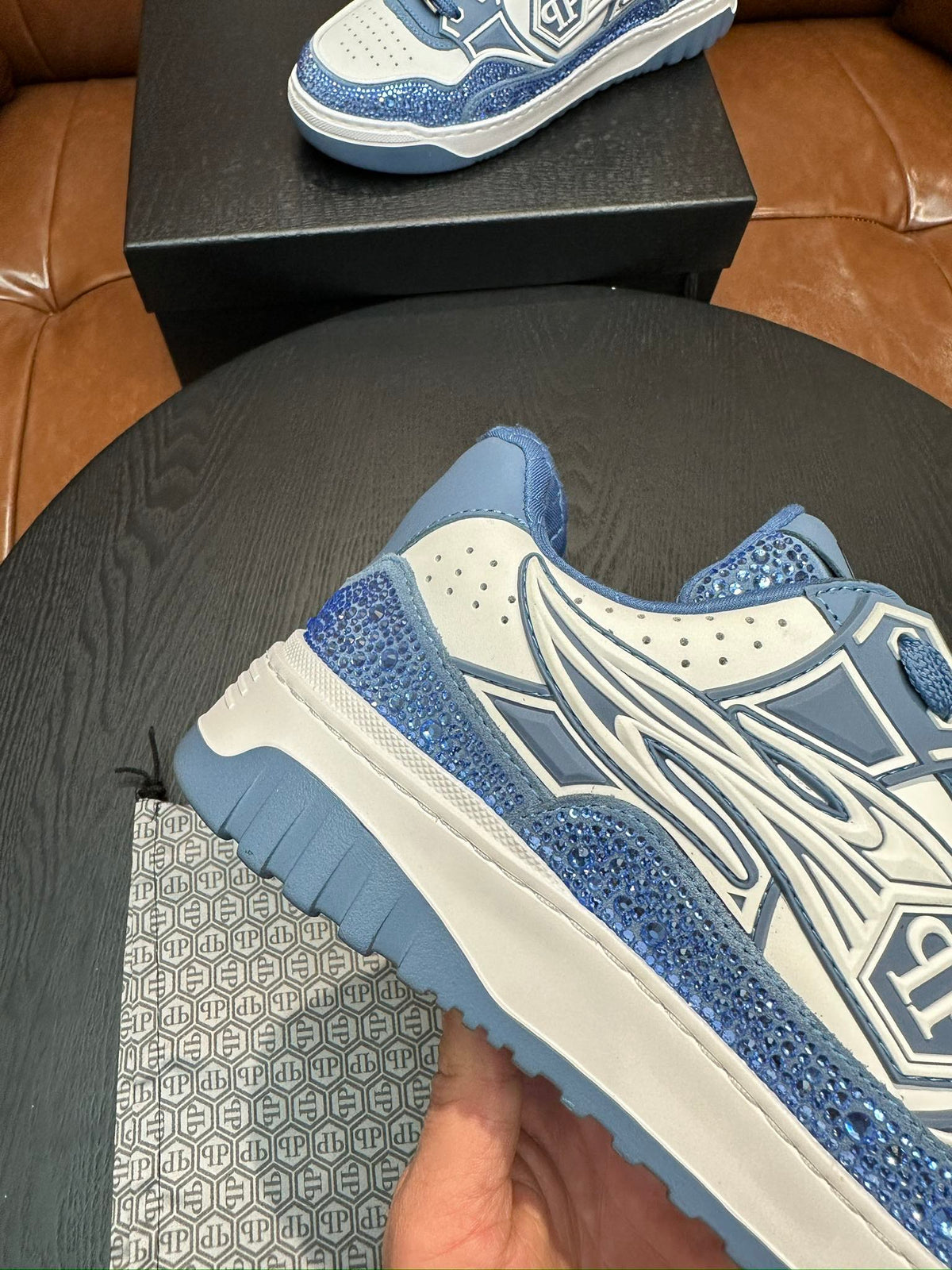 Philipp Plein Moon Walker Ice Blue Embellished Low-Top Sneakers | Cool-Toned Street Style