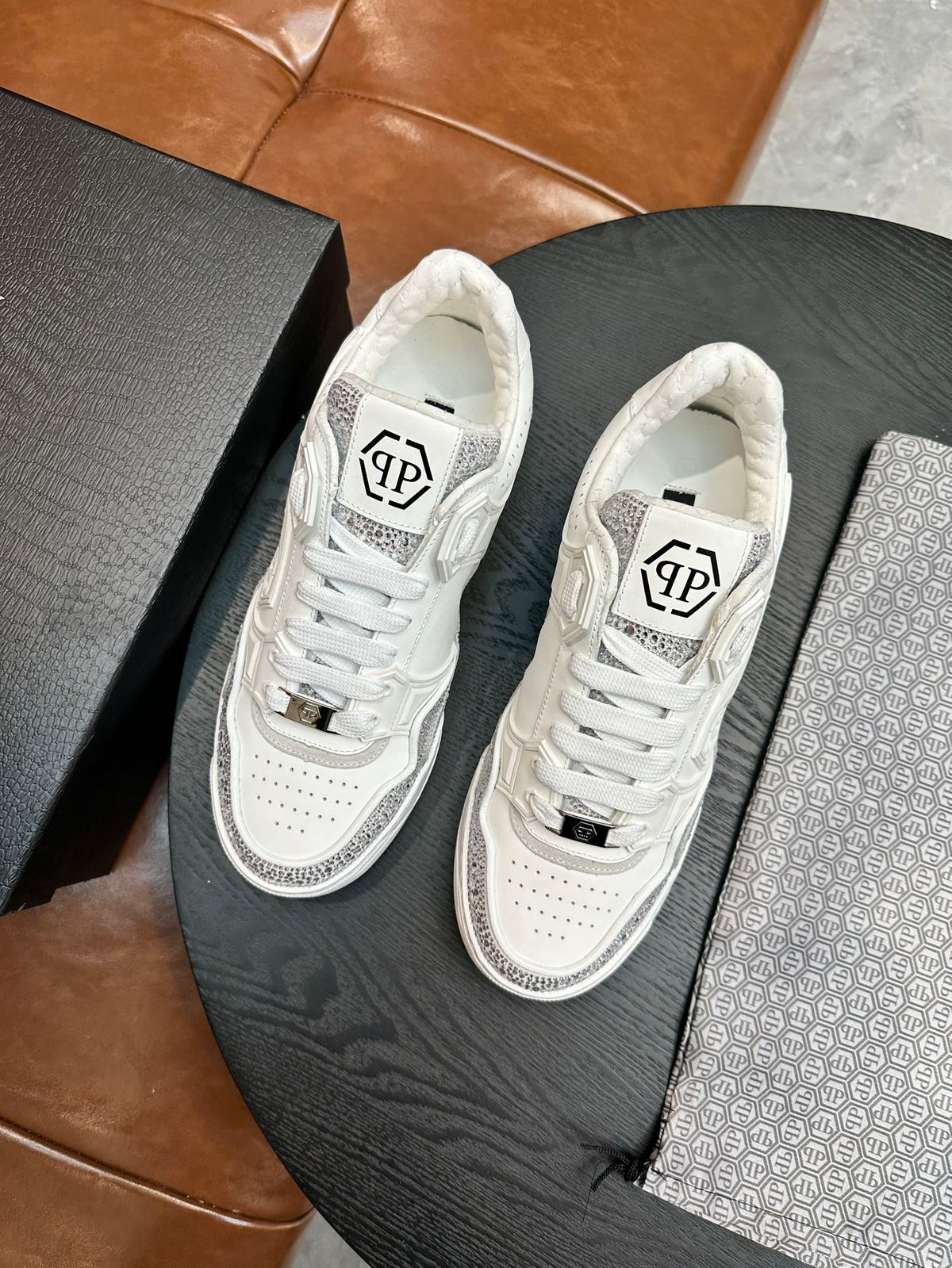 Philipp Plein Moon Walker White & Silver Low-Top Sneakers | Clean Style, Sparkling Details