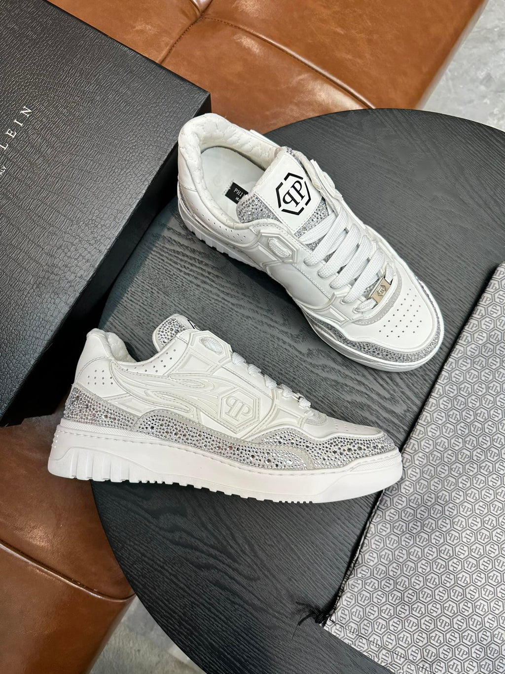 Philipp Plein Moon Walker White & Silver Low-Top Sneakers | Clean Style, Sparkling Details