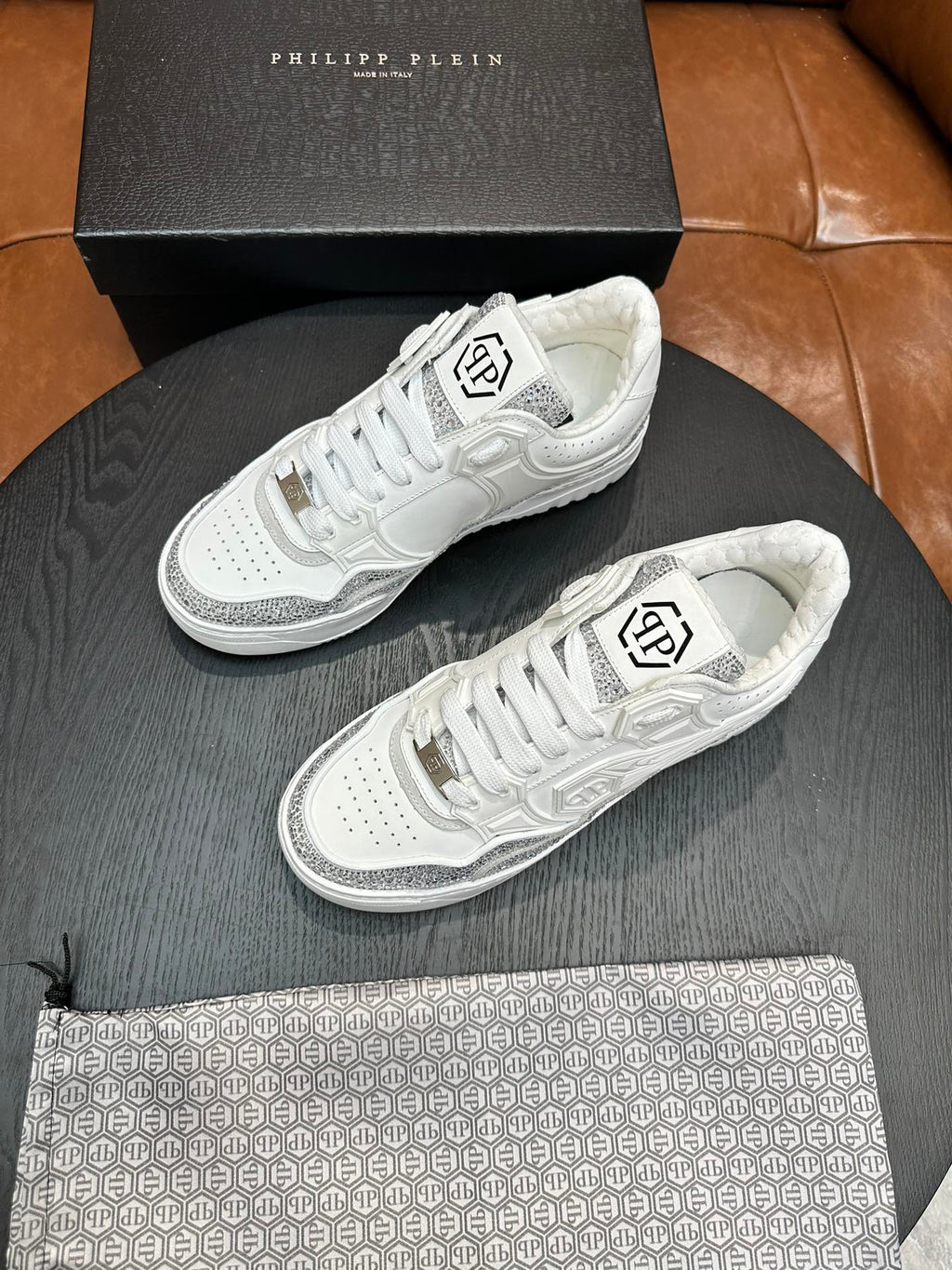Philipp Plein Moon Walker White & Silver Low-Top Sneakers | Clean Style, Sparkling Details