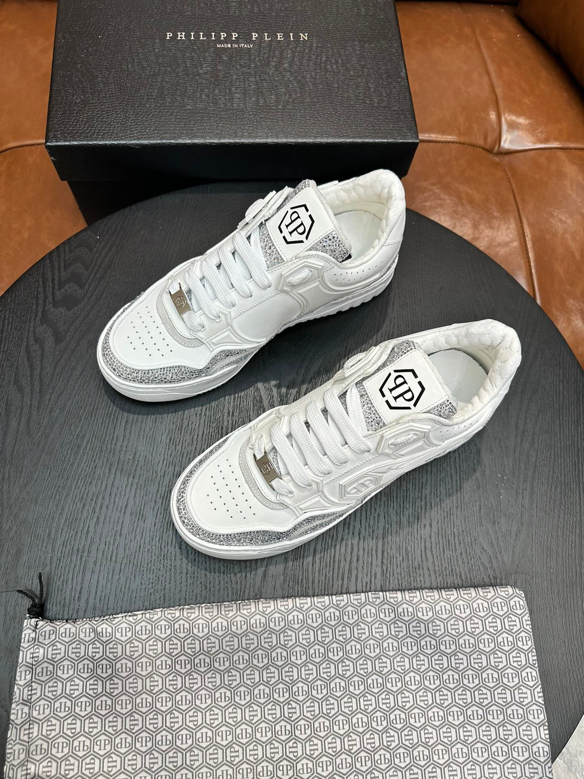 Philipp Plein Moon Walker White & Silver Low-Top Sneakers | Clean Style, Sparkling Details