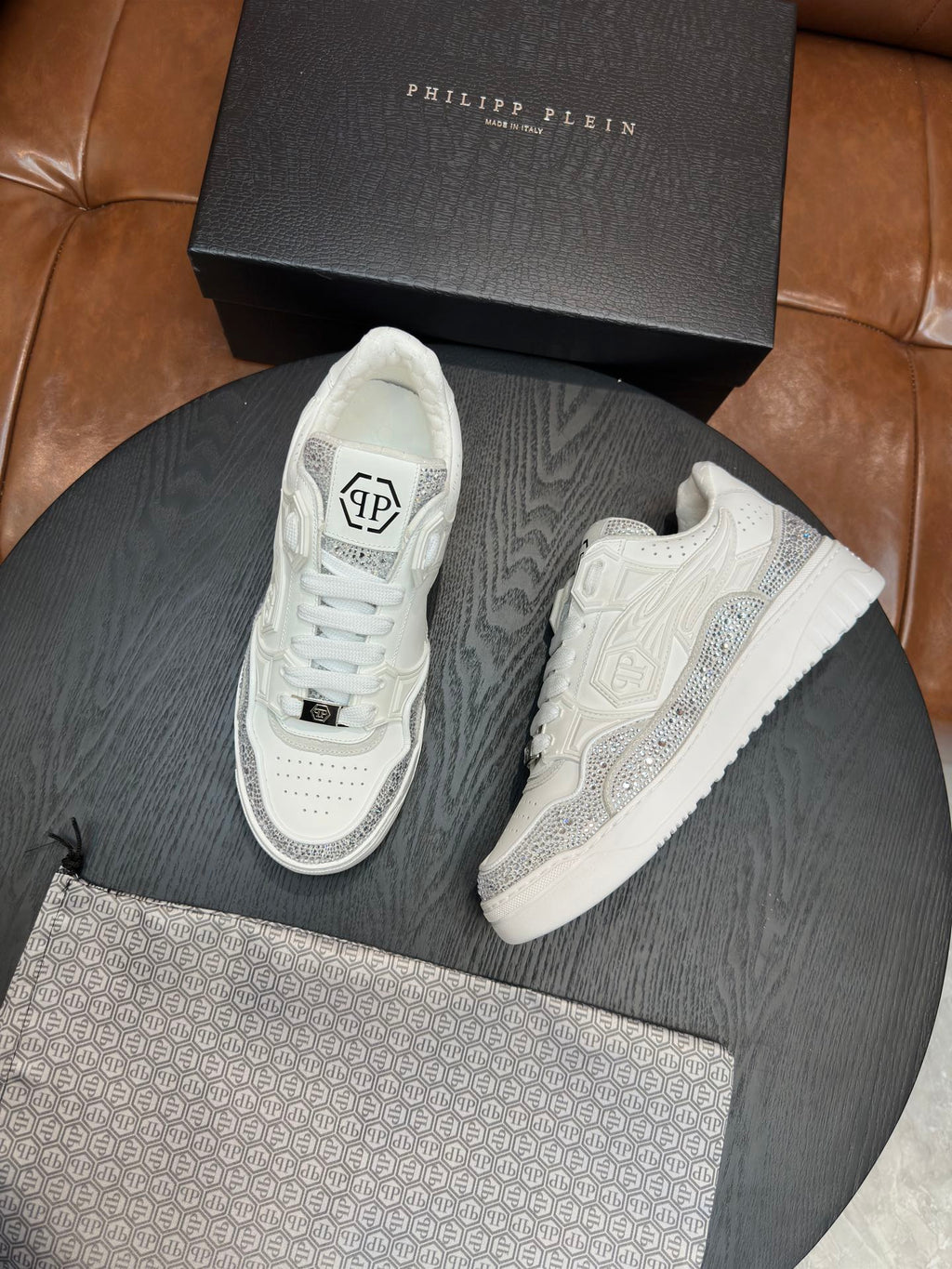 Philipp Plein Moon Walker White & Silver Low-Top Sneakers | Clean Style, Sparkling Details