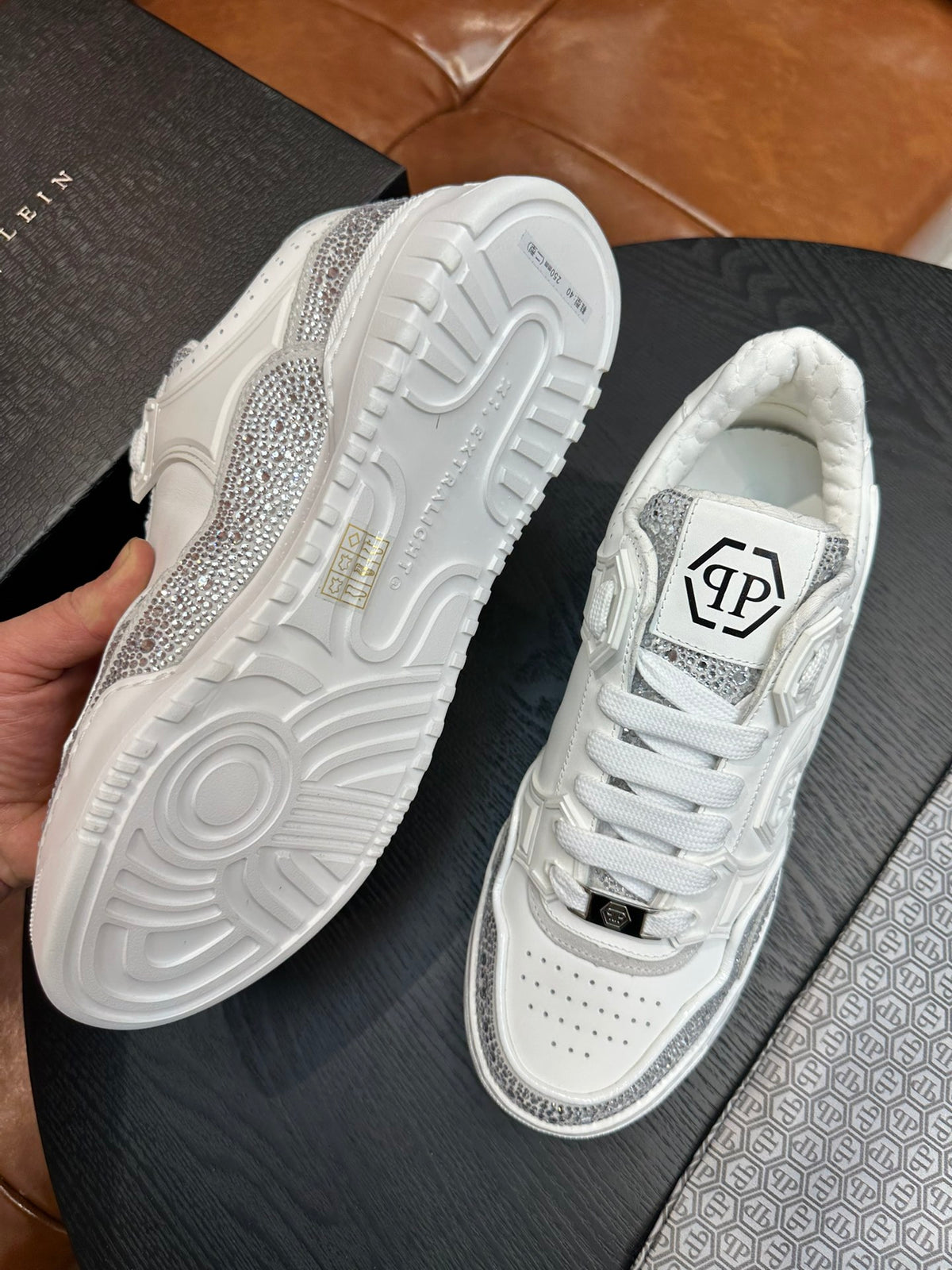 Philipp Plein Moon Walker White & Silver Low-Top Sneakers | Clean Style, Sparkling Details