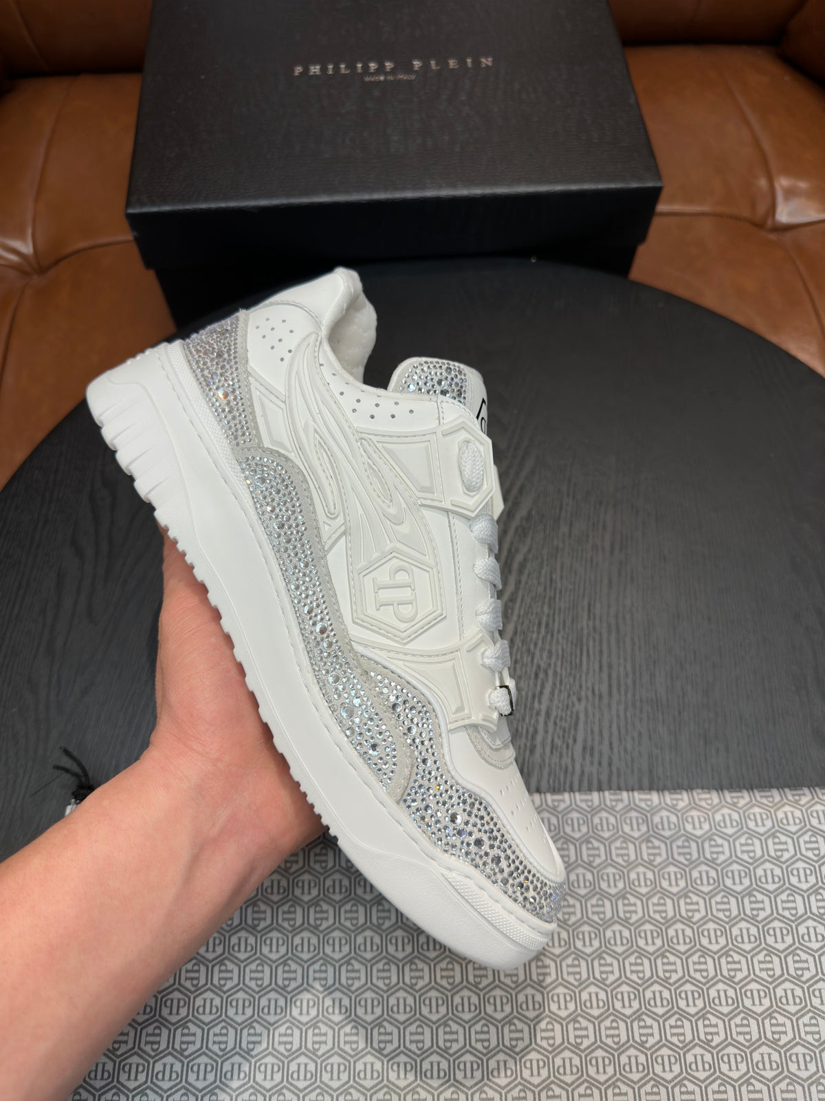 Philipp Plein Moon Walker White & Silver Low-Top Sneakers | Clean Style, Sparkling Details