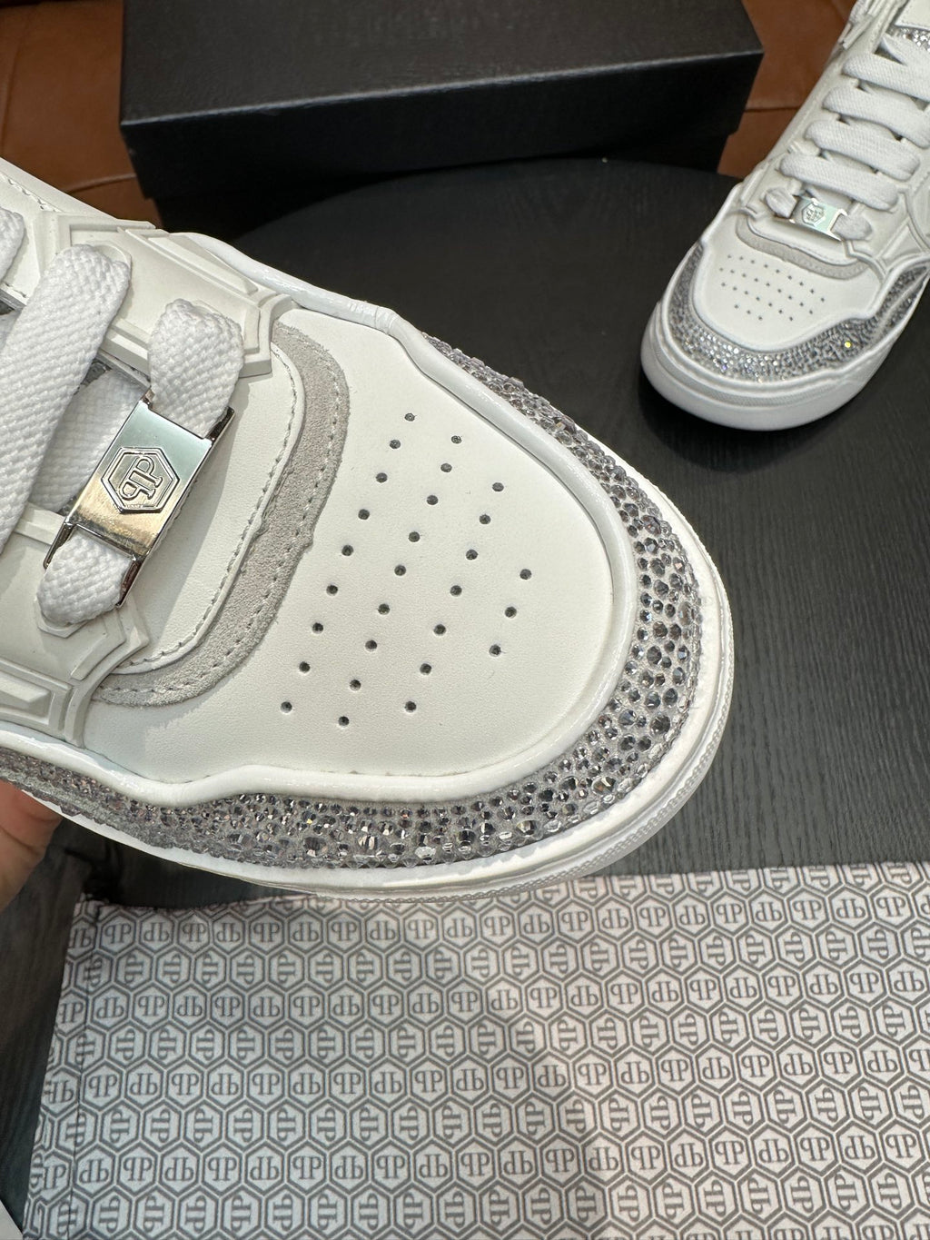 Philipp Plein Moon Walker White & Silver Low-Top Sneakers | Clean Style, Sparkling Details