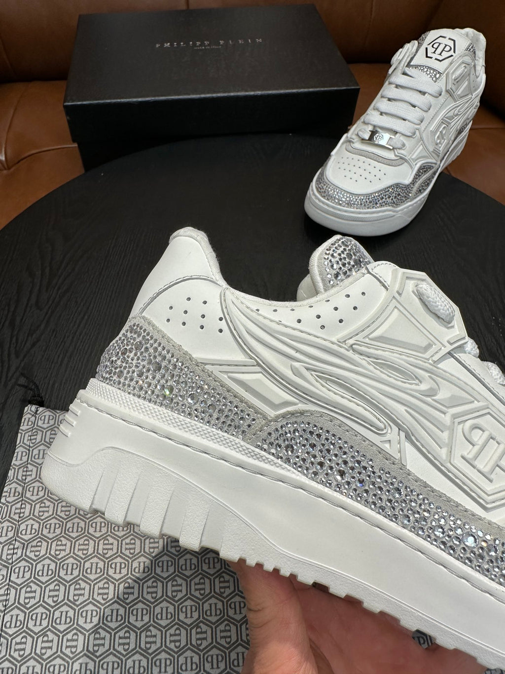 Philipp Plein Moon Walker White & Silver Low-Top Sneakers | Clean Style, Sparkling Details