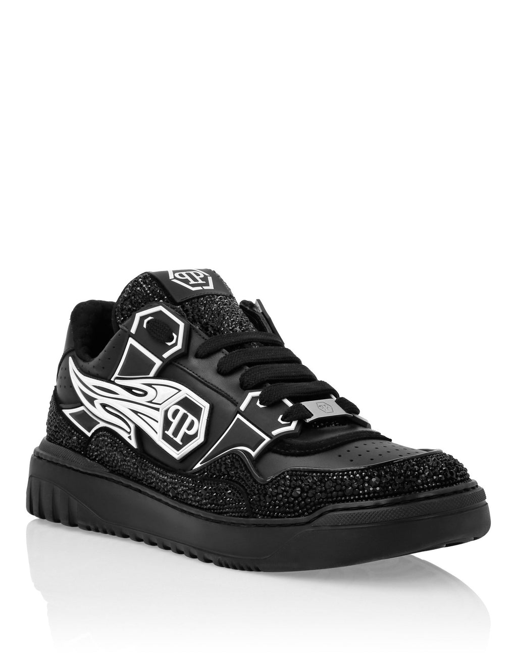 Philipp Plein Moon Walker Black Embellished Low-Top Sneakers | Silver-Tone Graphic Details