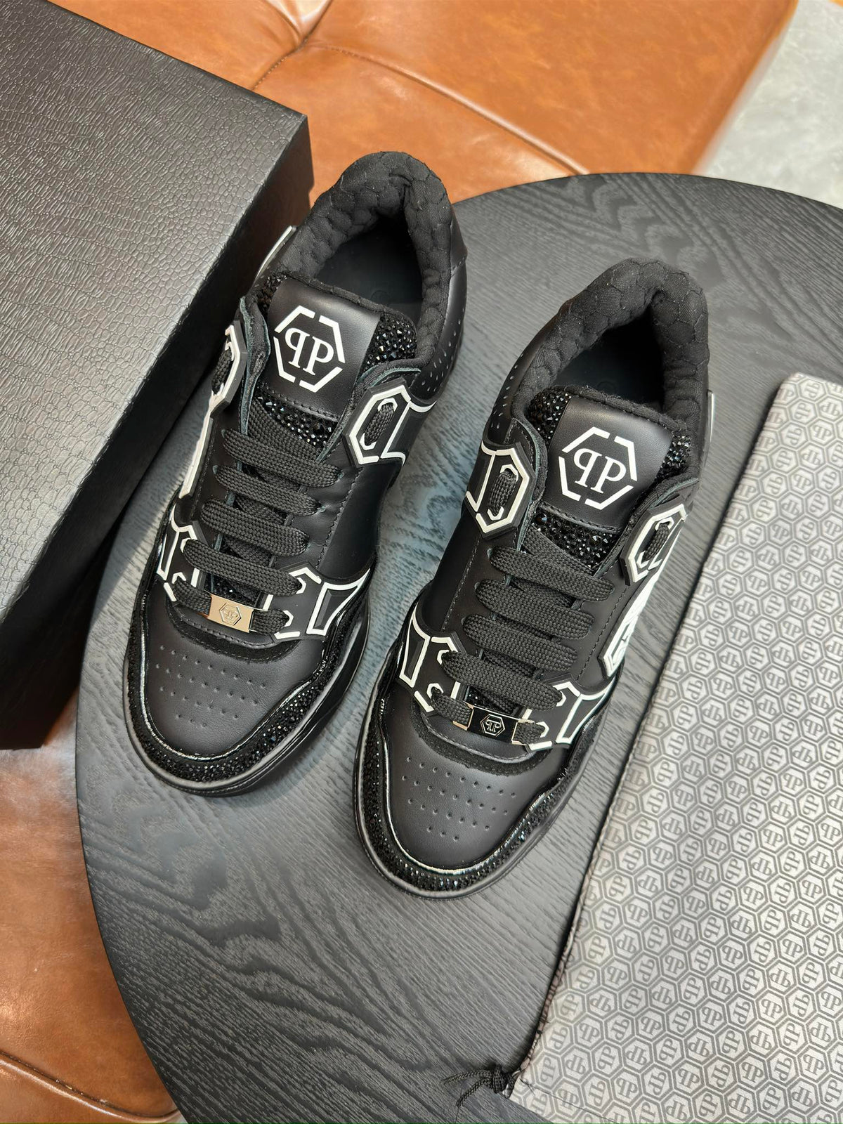 Philipp Plein Moon Walker Black Embellished Low-Top Sneakers | Silver-Tone Graphic Details