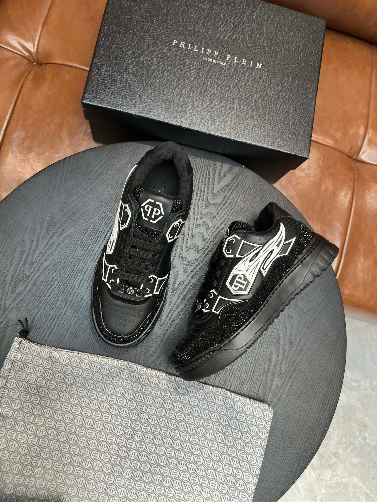 Philipp Plein Moon Walker Black Embellished Low-Top Sneakers | Silver-Tone Graphic Details