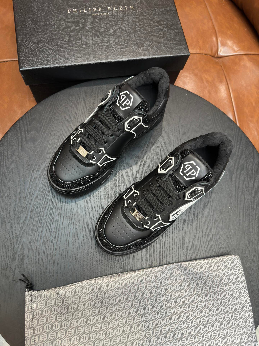 Philipp Plein Moon Walker Black Embellished Low-Top Sneakers | Silver-Tone Graphic Details