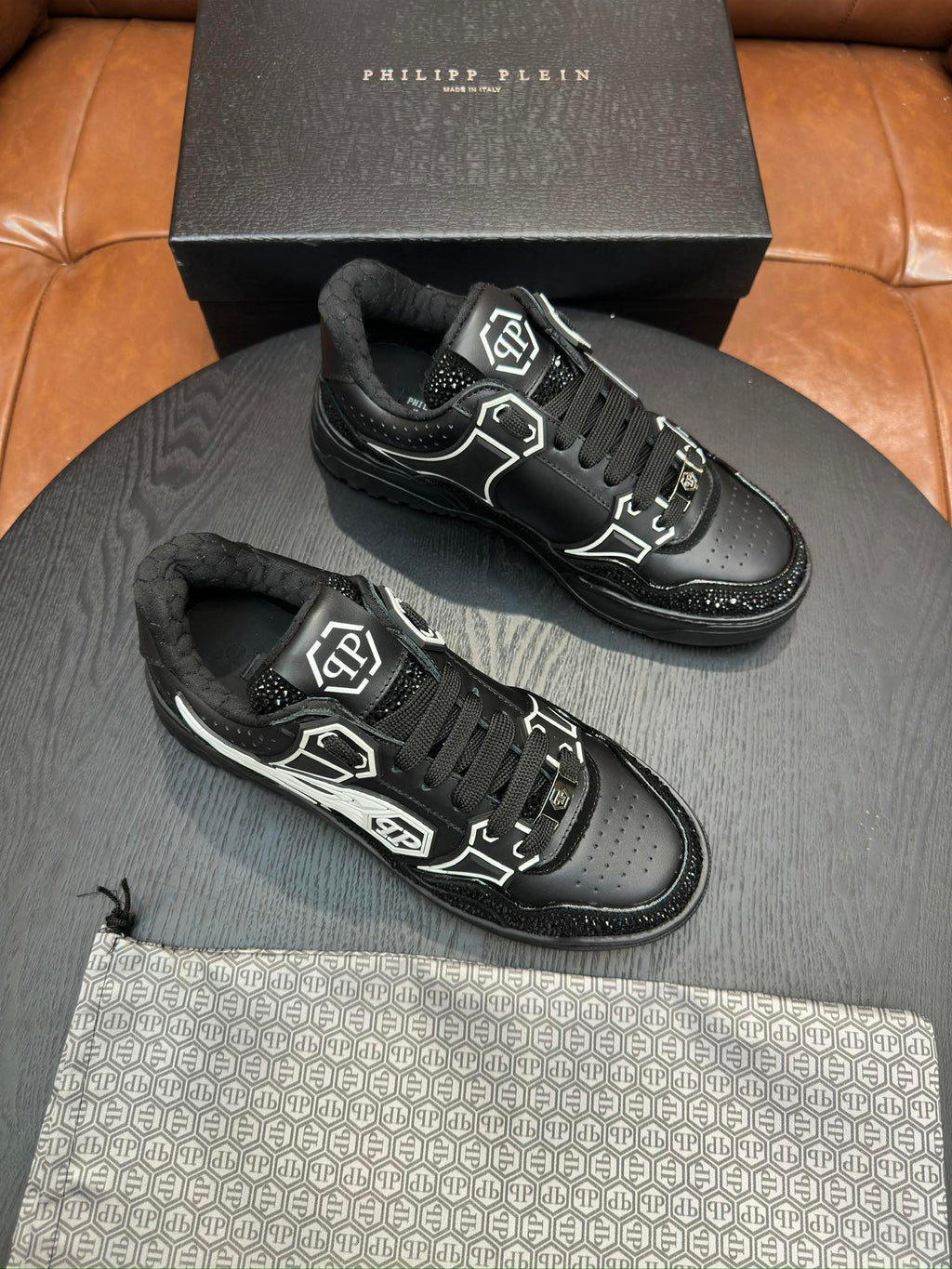 Philipp Plein Moon Walker Black Embellished Low-Top Sneakers | Silver-Tone Graphic Details