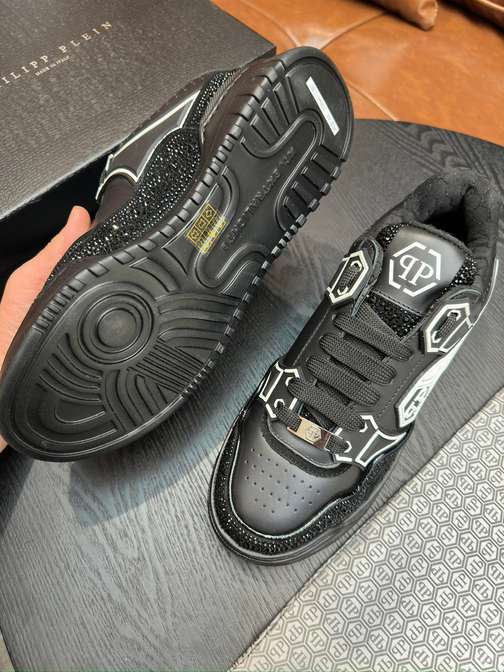 Philipp Plein Moon Walker Black Embellished Low-Top Sneakers | Silver-Tone Graphic Details