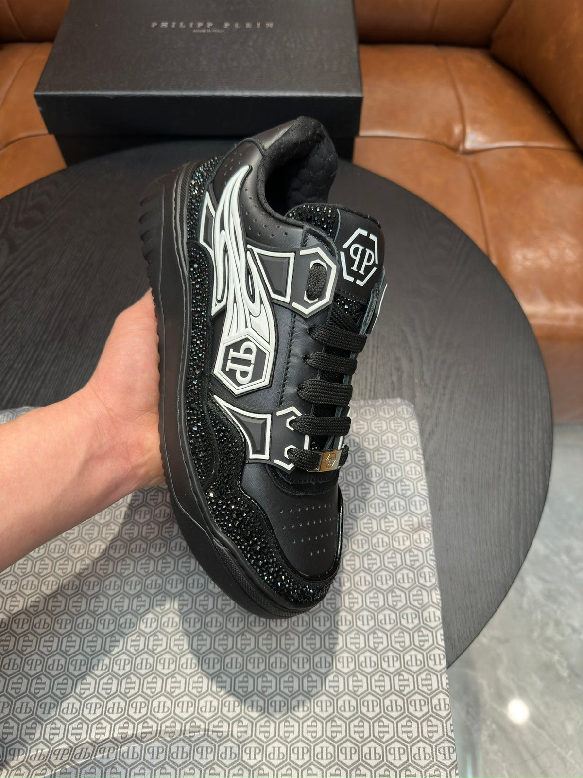 Philipp Plein Moon Walker Black Embellished Low-Top Sneakers | Silver-Tone Graphic Details