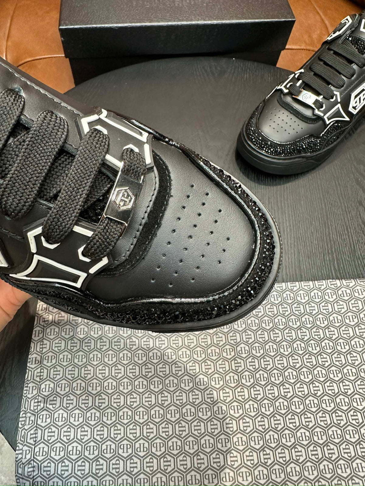 Philipp Plein Moon Walker Black Embellished Low-Top Sneakers | Silver-Tone Graphic Details